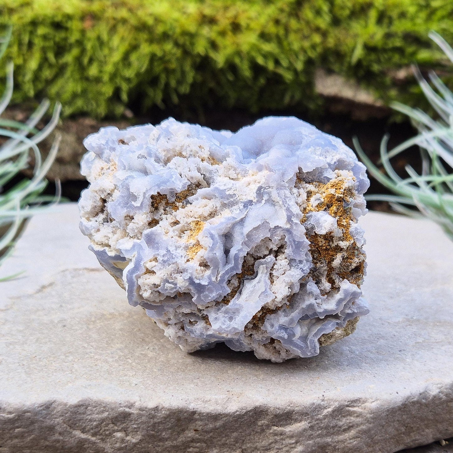 Natural Blue Chalcedony crystal cluster from Peru.