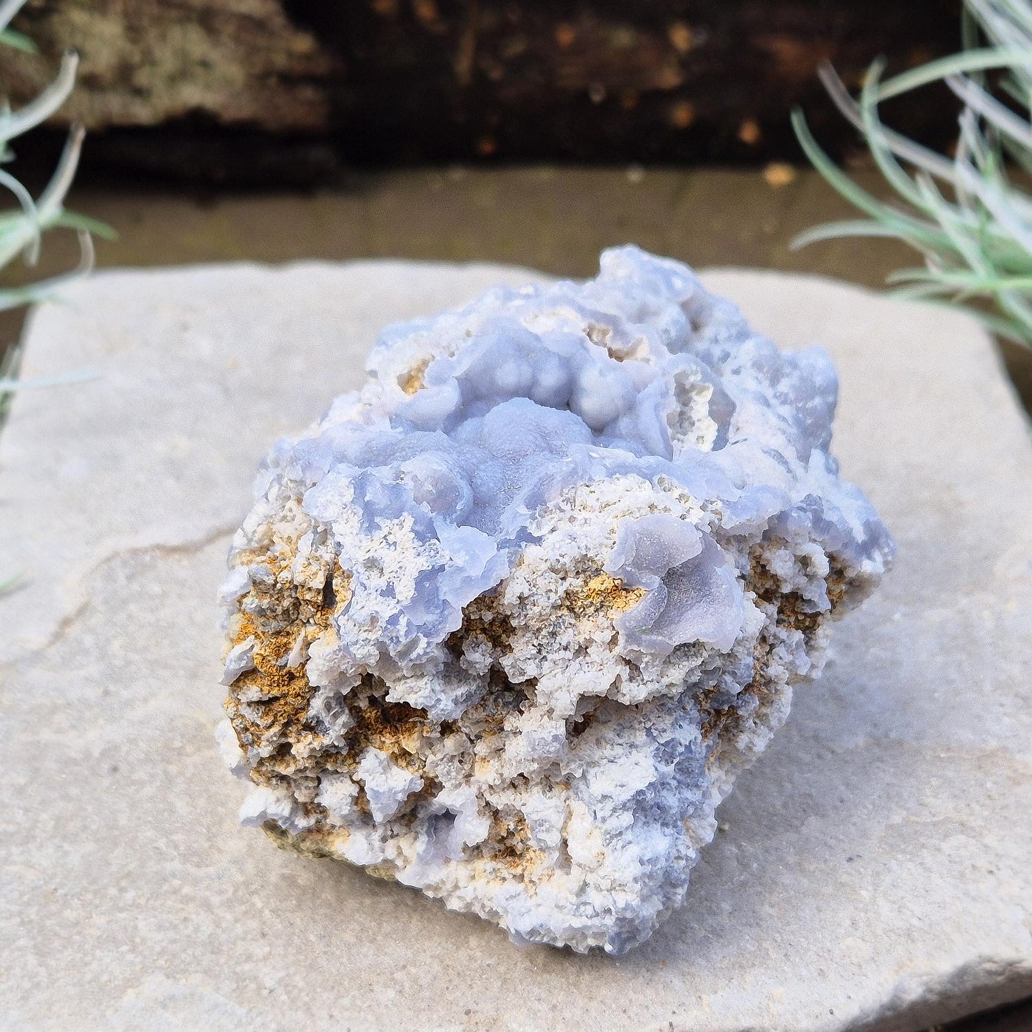 Natural Blue Chalcedony crystal cluster from Peru.