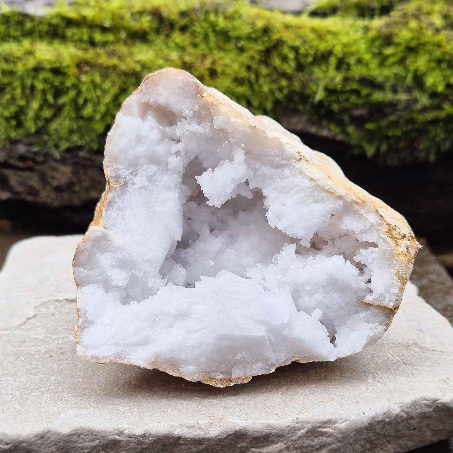 White Quartz Crystal Geode Half, from Morocco. Jam packed with lovely sparkling white quartz crystal formations.