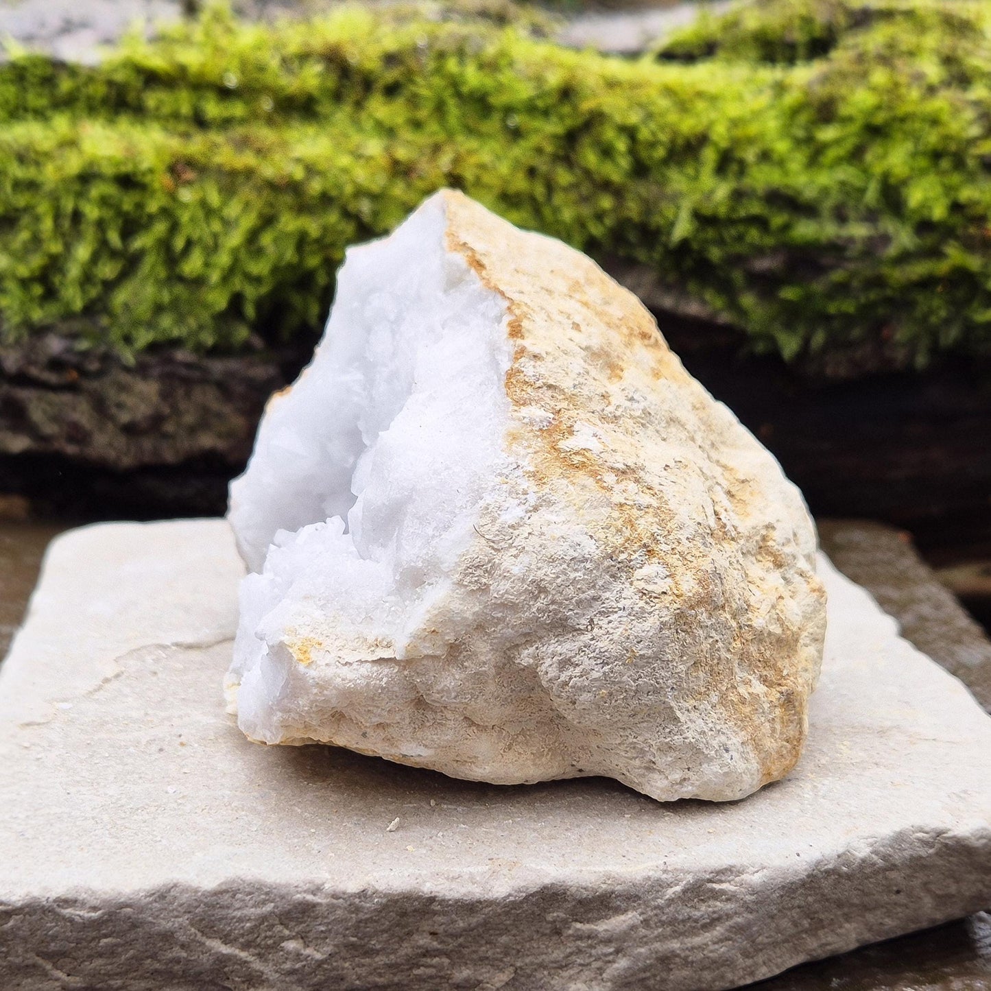 White Quartz Crystal Geode Half, from Morocco. Packed full of lovely sparkling white quartz crystal formations. 