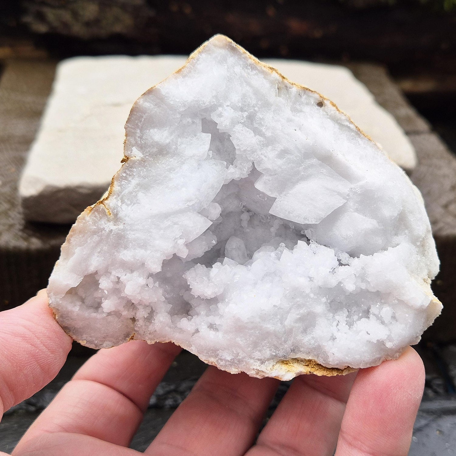 White Quartz Crystal Geode Half, from Morocco. Packed full of lovely sparkling white quartz crystal formations. 