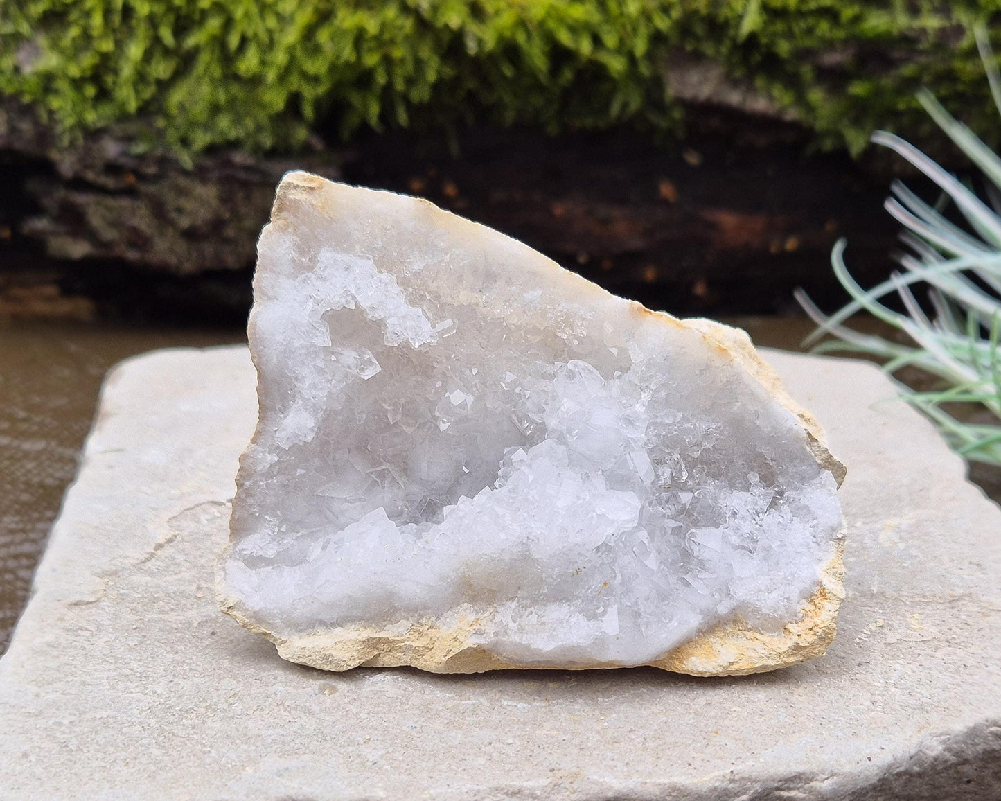 White Quartz Crystal Geode Pair, from Morocco. Lovely sparkling white quartz crystal formations in both sections of the geode. Both pieces self stand.