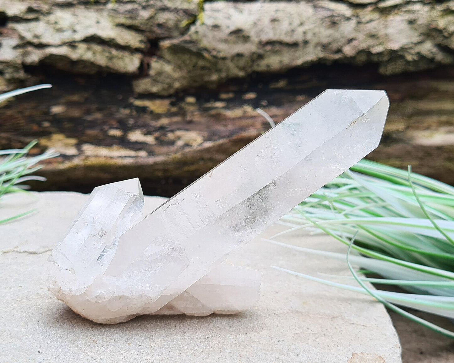 Madagascan Quartz Crystal Cluster with 1 large point and a couple of smaller points at its base. It will self stand.