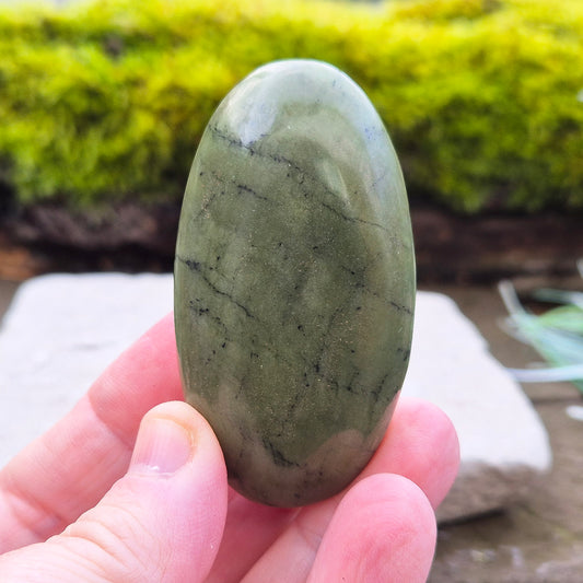 Nephrite Jade Crystal Palm Stone with black spots. From Pakistan. Lovely smooth polish, classic green Nephrite Jade colour.