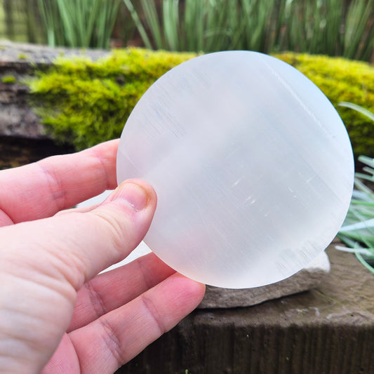 Selenite Cleansing and Charging Plate from Morocco. These circular cleansing and charging plates make sure your crystals are charged and energised for when you need them. 