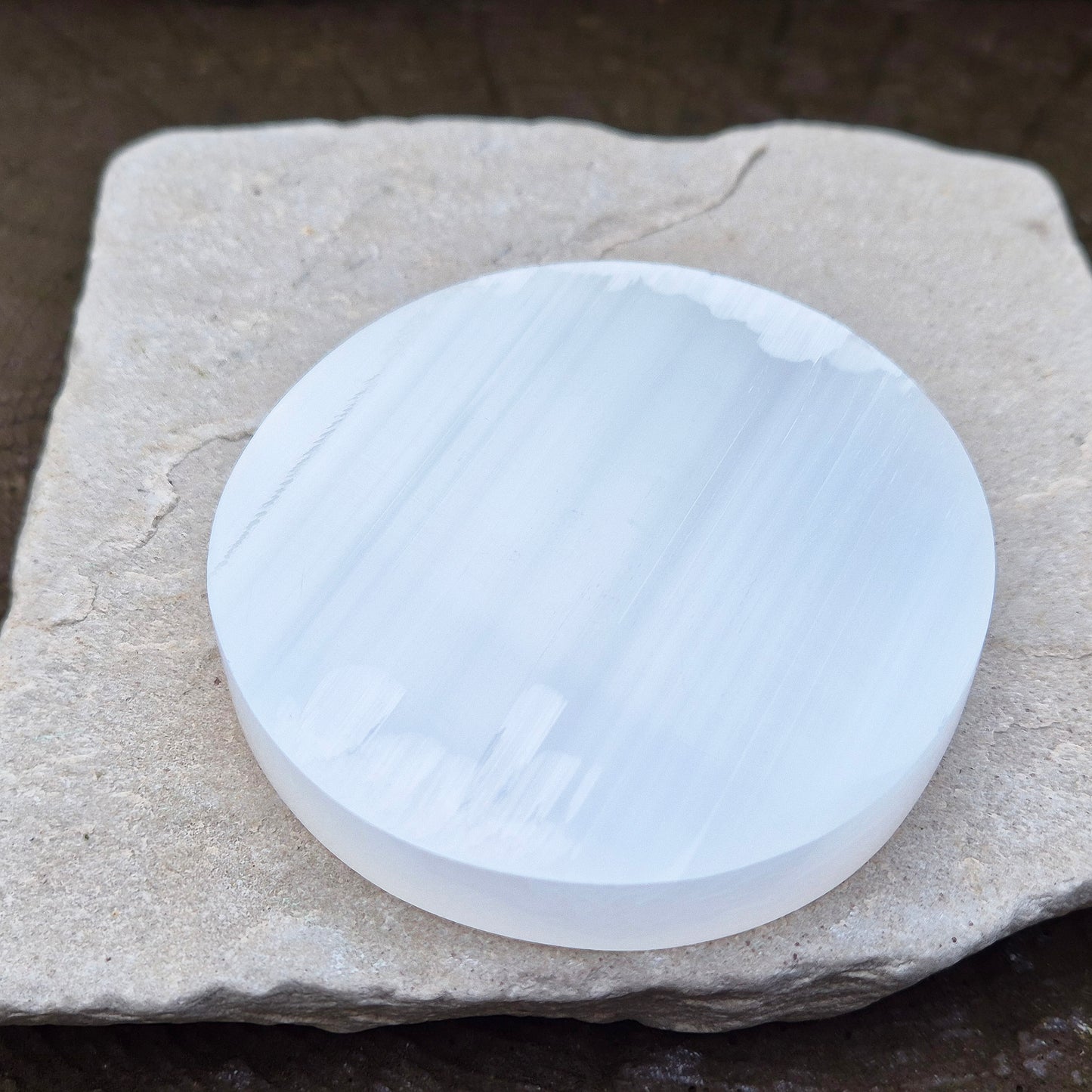 Selenite Cleansing and Charging Plate from Morocco. These circular cleansing and charging plates make sure your crystals are charged and energised for when you need them. 