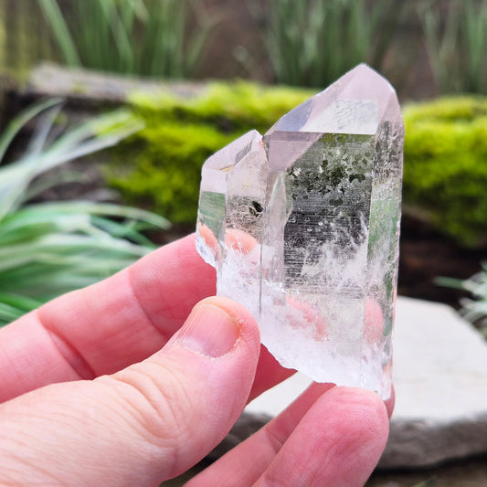 Starbrary Quartz Crystal Point From Brazil. This crystal has 2 points with lovely clear clarity and lovely starbrary markings on 4 sides.