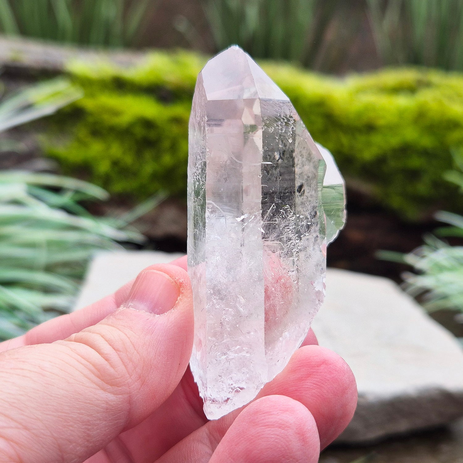 Starbrary Quartz Crystal Point From Brazil. This crystal has 2 points with lovely clear clarity and lovely starbrary markings on 4 sides.