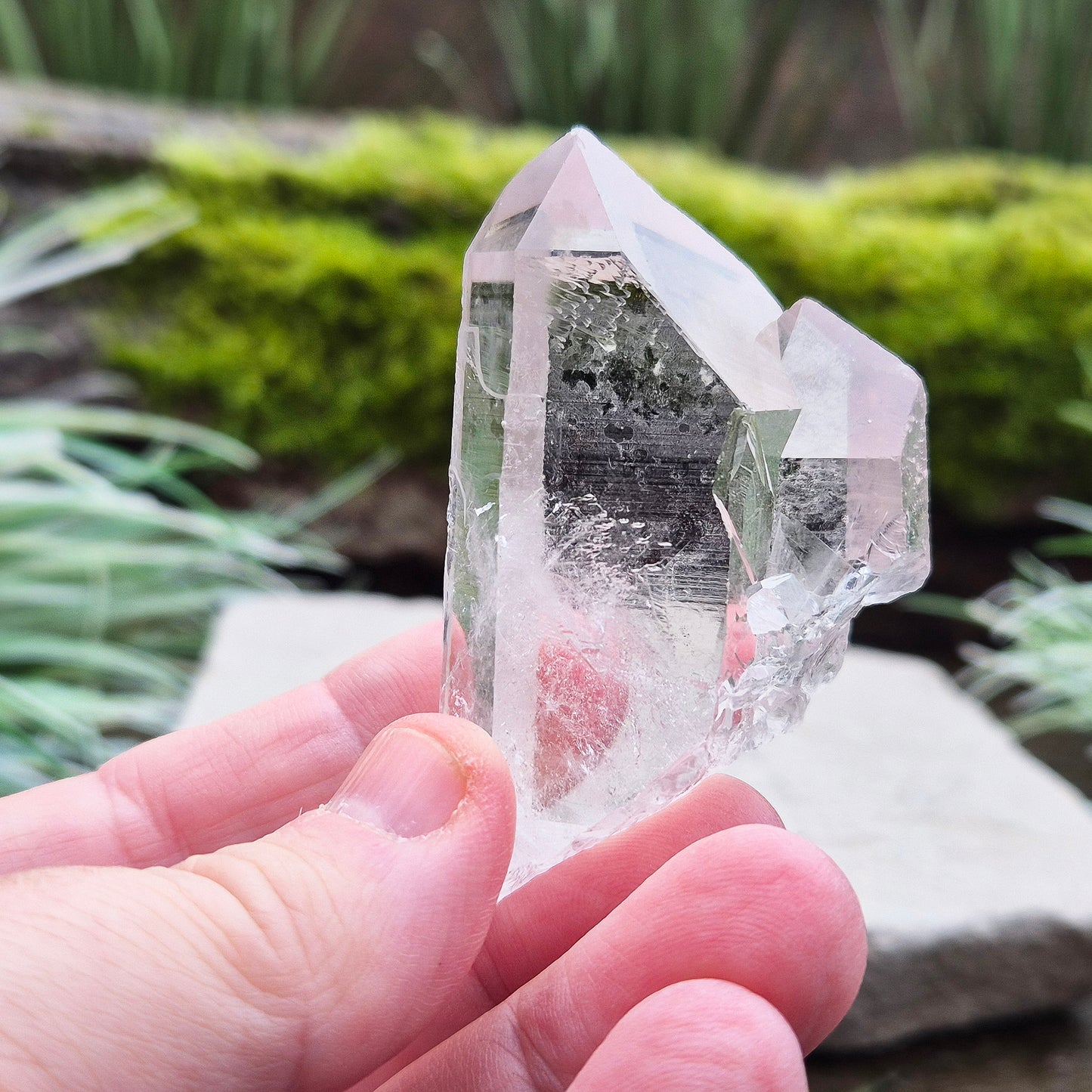 Starbrary Quartz Crystal Point From Brazil. This crystal has 2 points with lovely clear clarity and lovely starbrary markings on 4 sides.