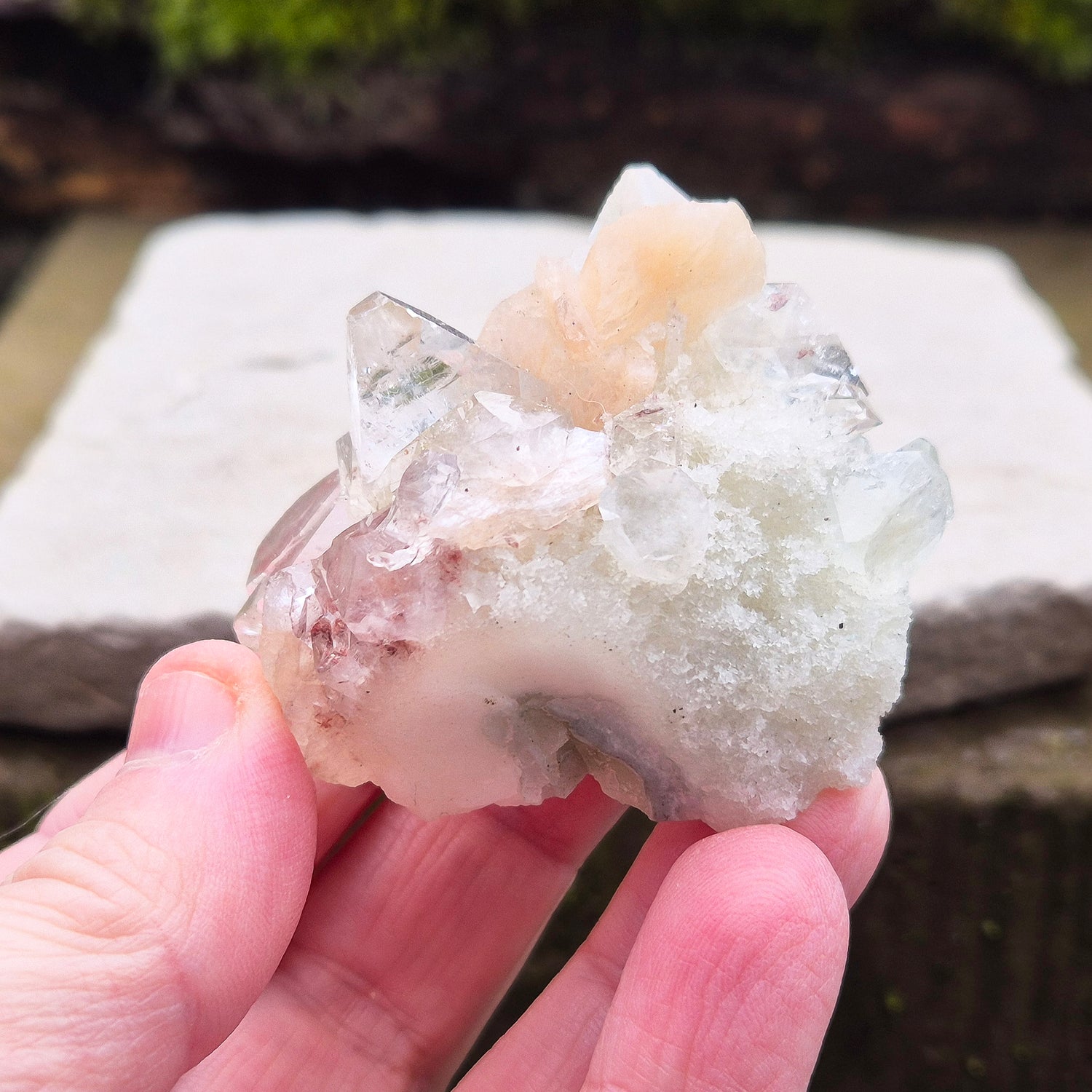 Apophyllite Crystal Cluster from India. Lovely cluster with some stilbite and a hint of green within it. Also known as a Zeolite.