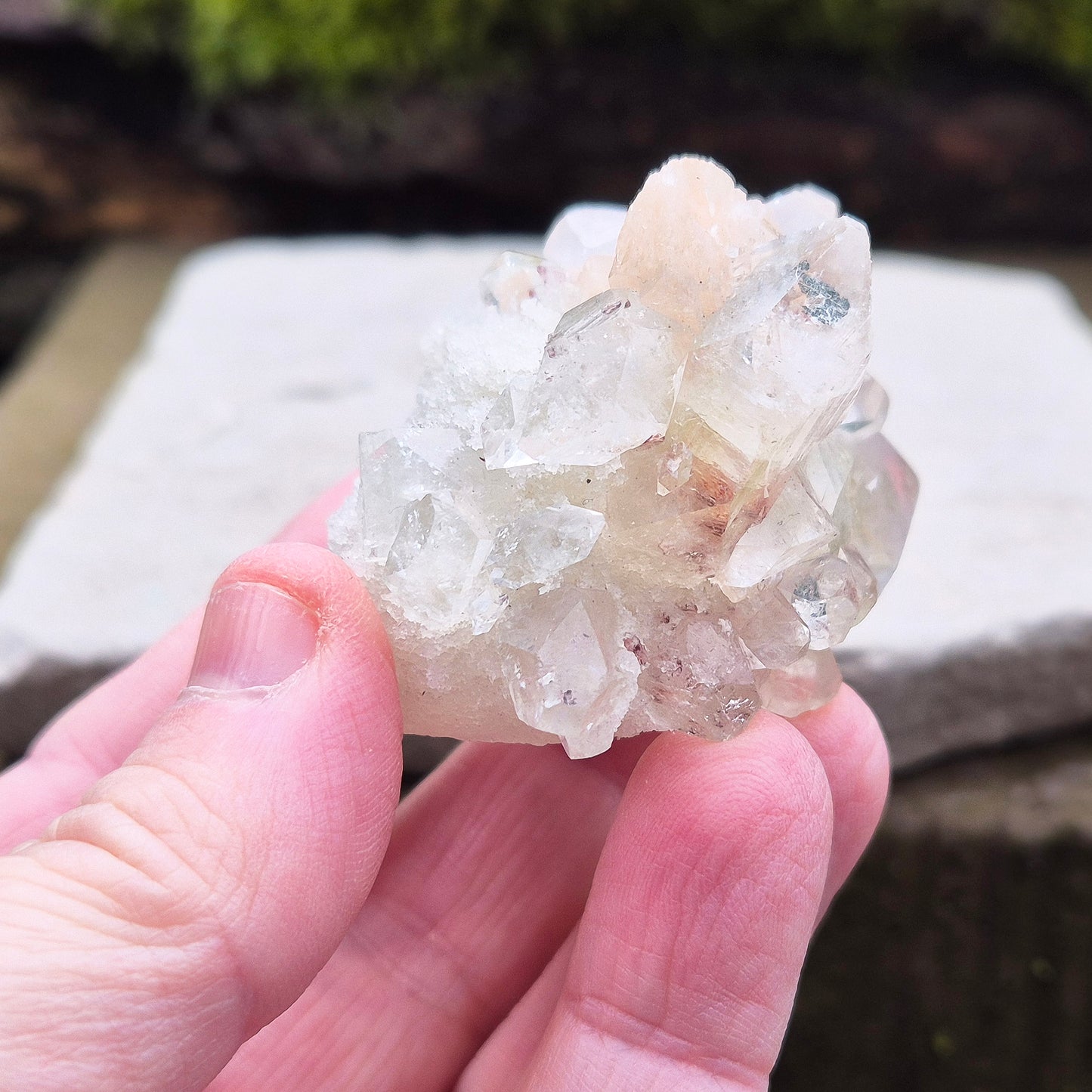 Apophyllite Crystal Cluster from India. Lovely cluster with some stilbite and a hint of green within it. Also known as a Zeolite.