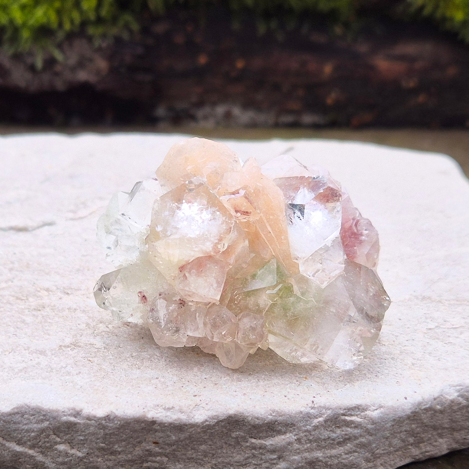 Apophyllite Crystal Cluster from India. Lovely cluster with some stilbite and a hint of green within it. Also known as a Zeolite.