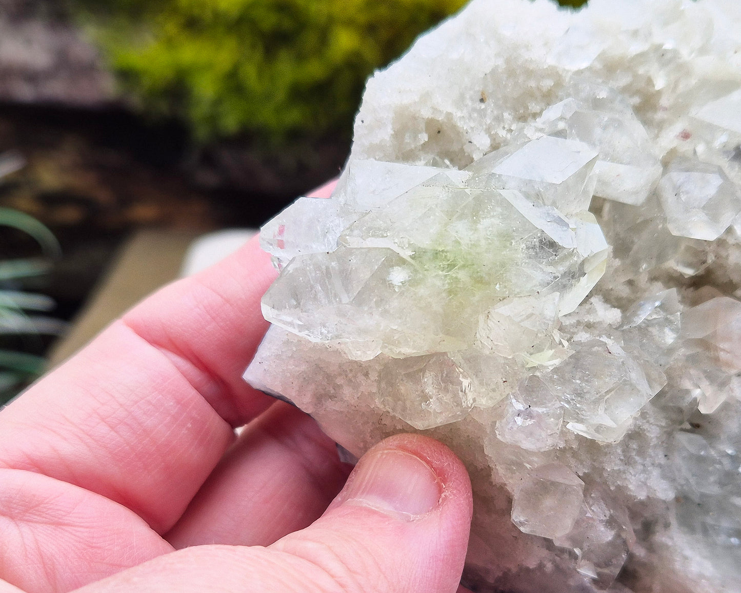 Apophyllite Crystal Cluster from India. Lovely cluster which has some double terminated apophyllite crystals on it, the largest of which has a hint of green within it.