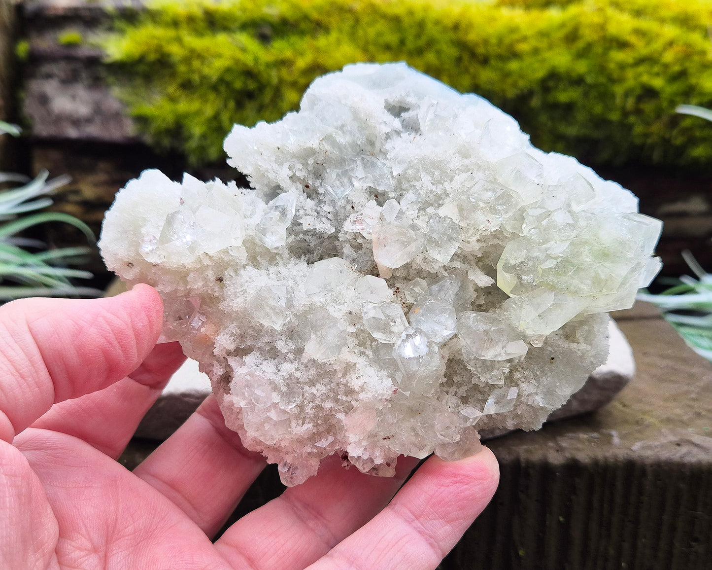 Apophyllite Crystal Cluster from India. Lovely cluster which has some double terminated apophyllite crystals on it, the largest of which has a hint of green within it.