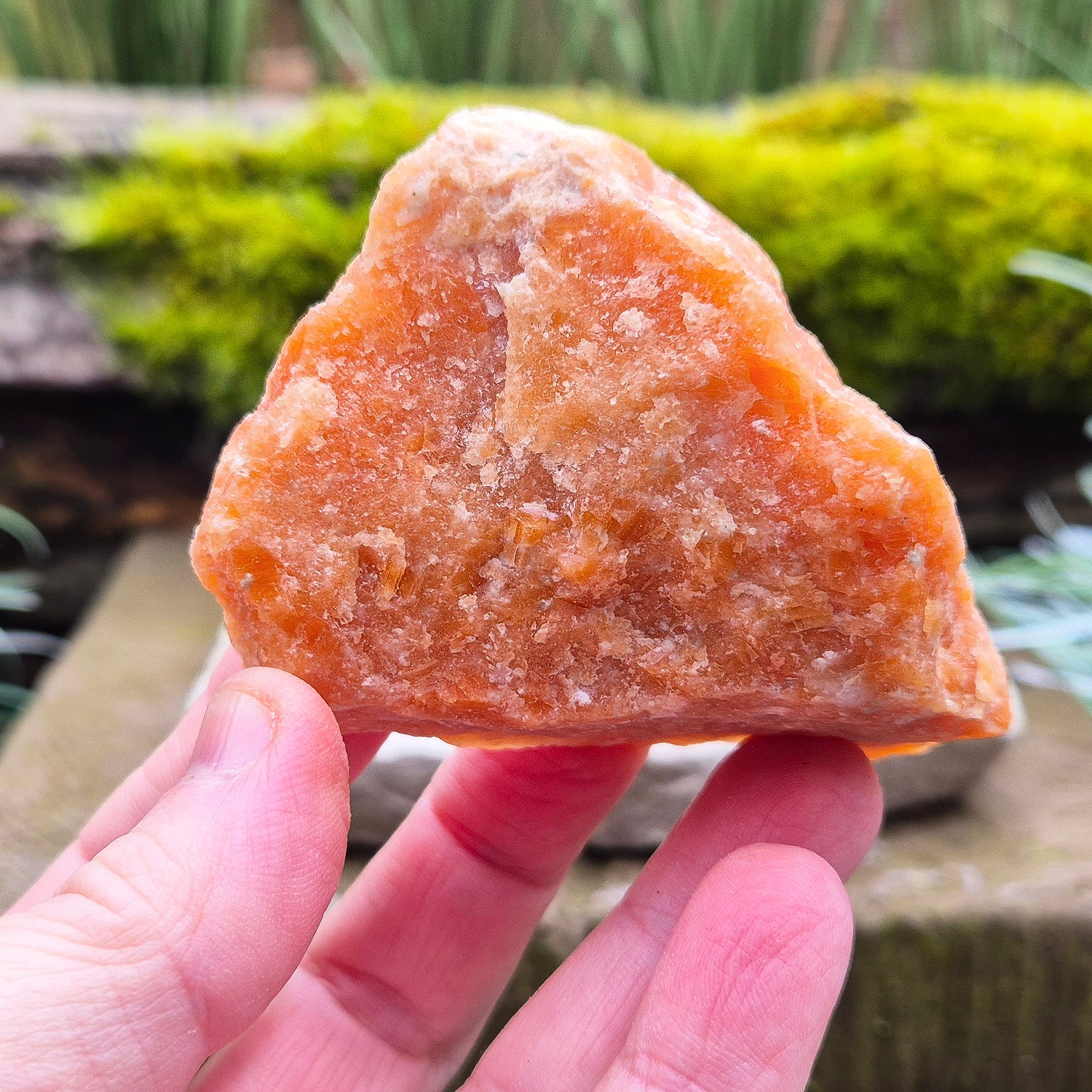 Orange Calcite, Natural Piece, Vibrant Color, from Mexico. While this crystal comes from a vein in the mine known for producing an infusion of orange calcite and black tourmaline, this piece appears to outwardly feature only the vibrant orange calcite.