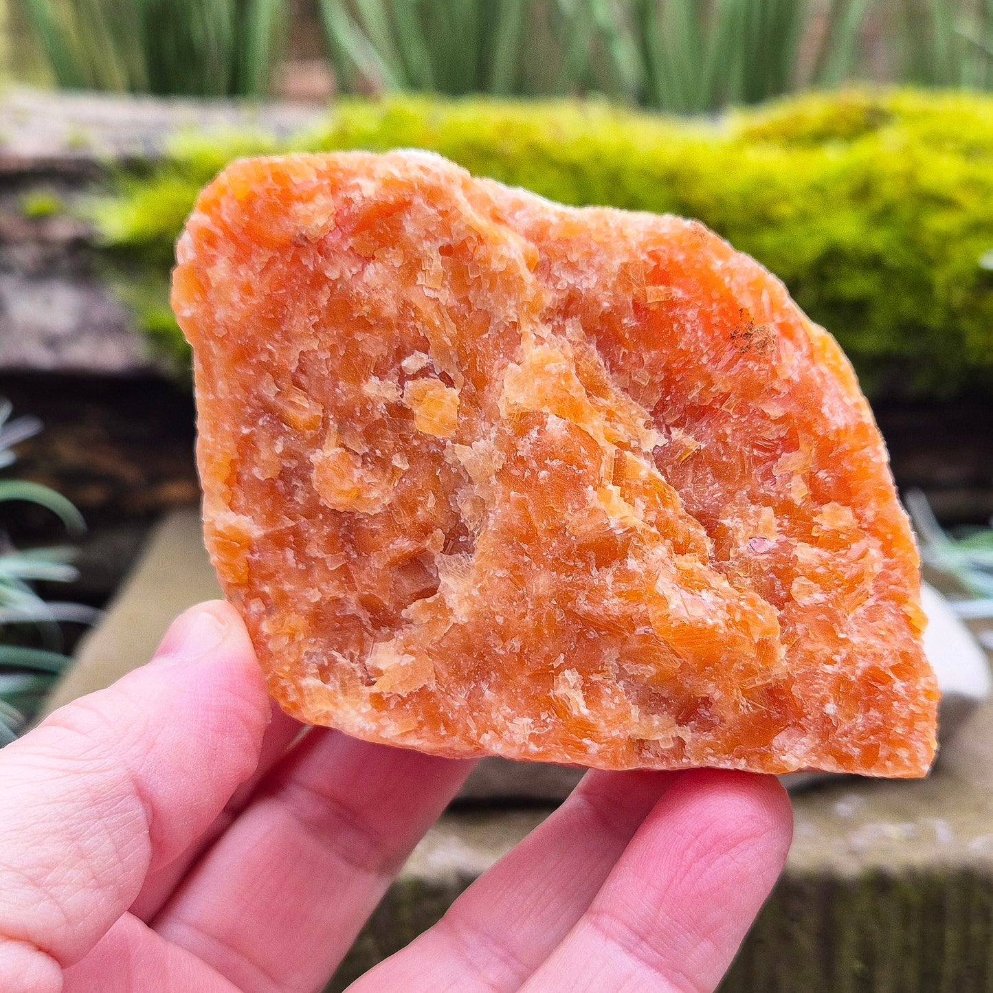 Orange Calcite, Natural Piece, Vibrant Color, from Mexico. While this crystal comes from a vein in the mine known for producing an infusion of orange calcite and black tourmaline, this piece appears to outwardly feature only the vibrant orange calcite.