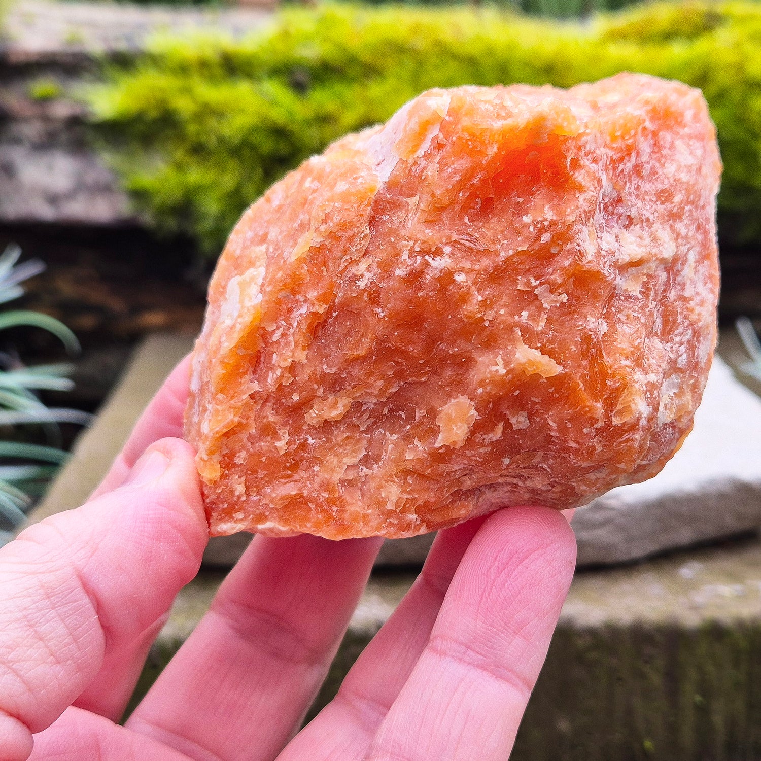 Orange Calcite, Natural Piece, Vibrant Color, from Mexico. While this crystal comes from a vein in the mine known for producing an infusion of orange calcite and black tourmaline, this piece appears to outwardly feature only the vibrant orange calcite.