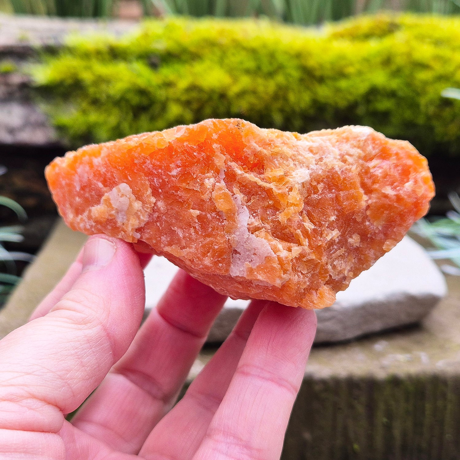 Orange Calcite, Natural Piece, Vibrant Color, from Mexico. While this crystal comes from a vein in the mine known for producing an infusion of orange calcite and black tourmaline, this piece appears to outwardly feature only the vibrant orange calcite.