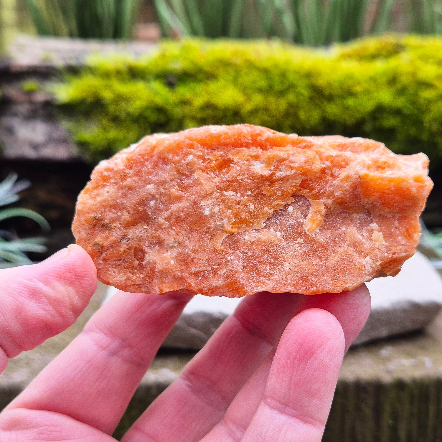 Orange Calcite, Natural Piece, Vibrant Color, from Mexico. While this crystal comes from a vein in the mine known for producing an infusion of orange calcite and black tourmaline, this piece appears to outwardly feature only the vibrant orange calcite.