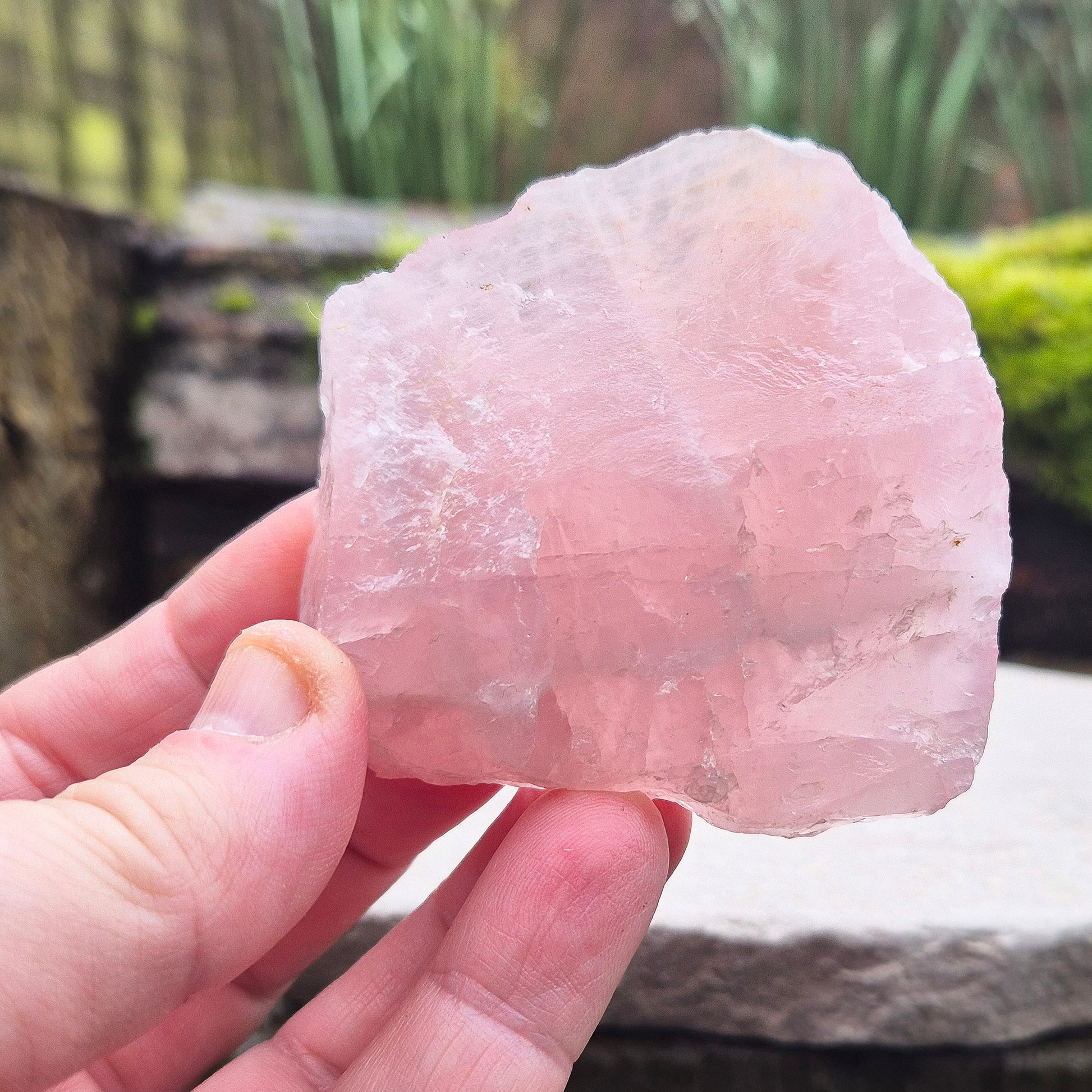 Rose Quartz Crystal Platform from South Africa. One side is left natural and the other side has been cut flat. Great for displaying other crystals and jewellry. 