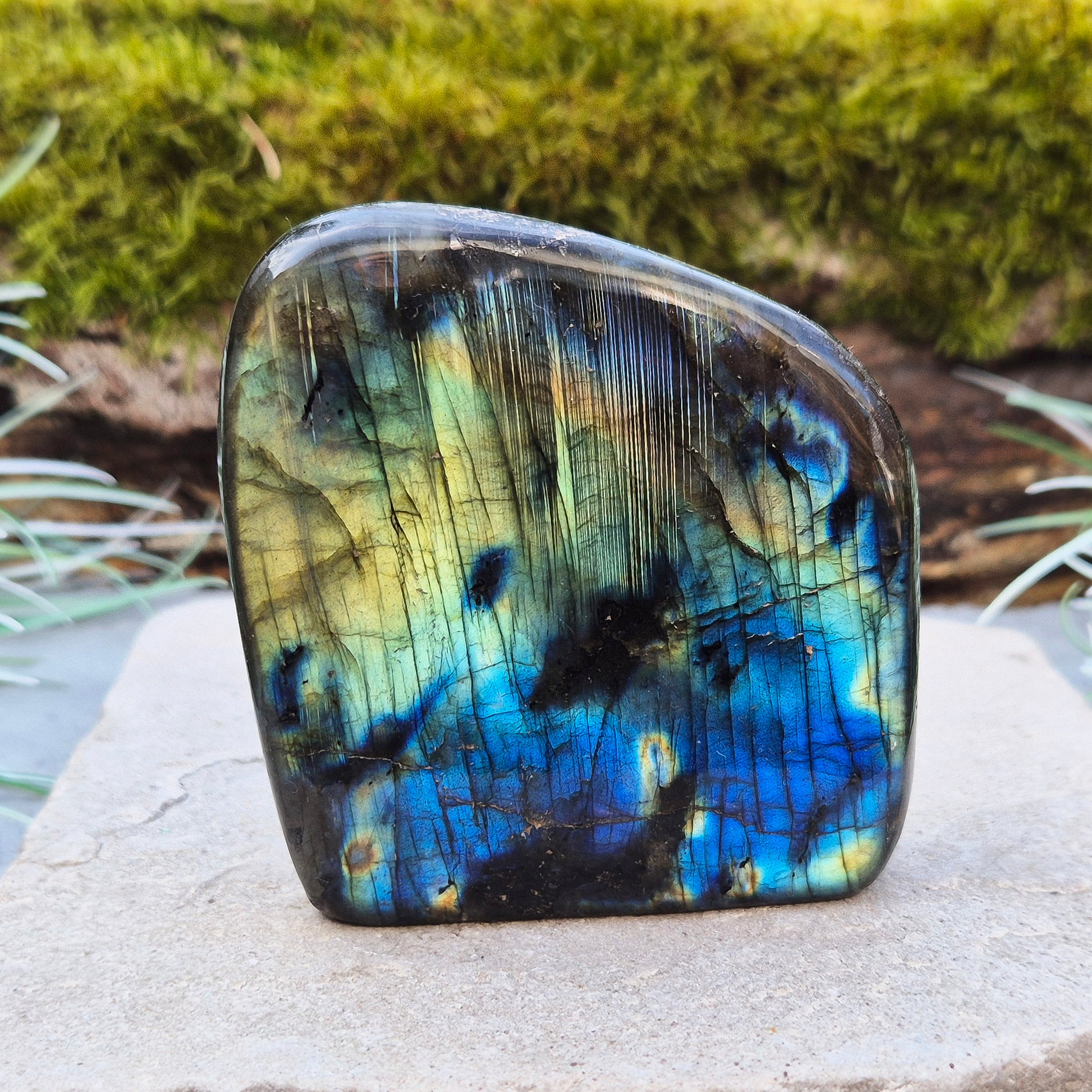 Labradorite Free Form, Self Standing Crystal also known as Spectrolite. Nice flash of colours when in the light and viewed at the right angles. From Madagascar.
