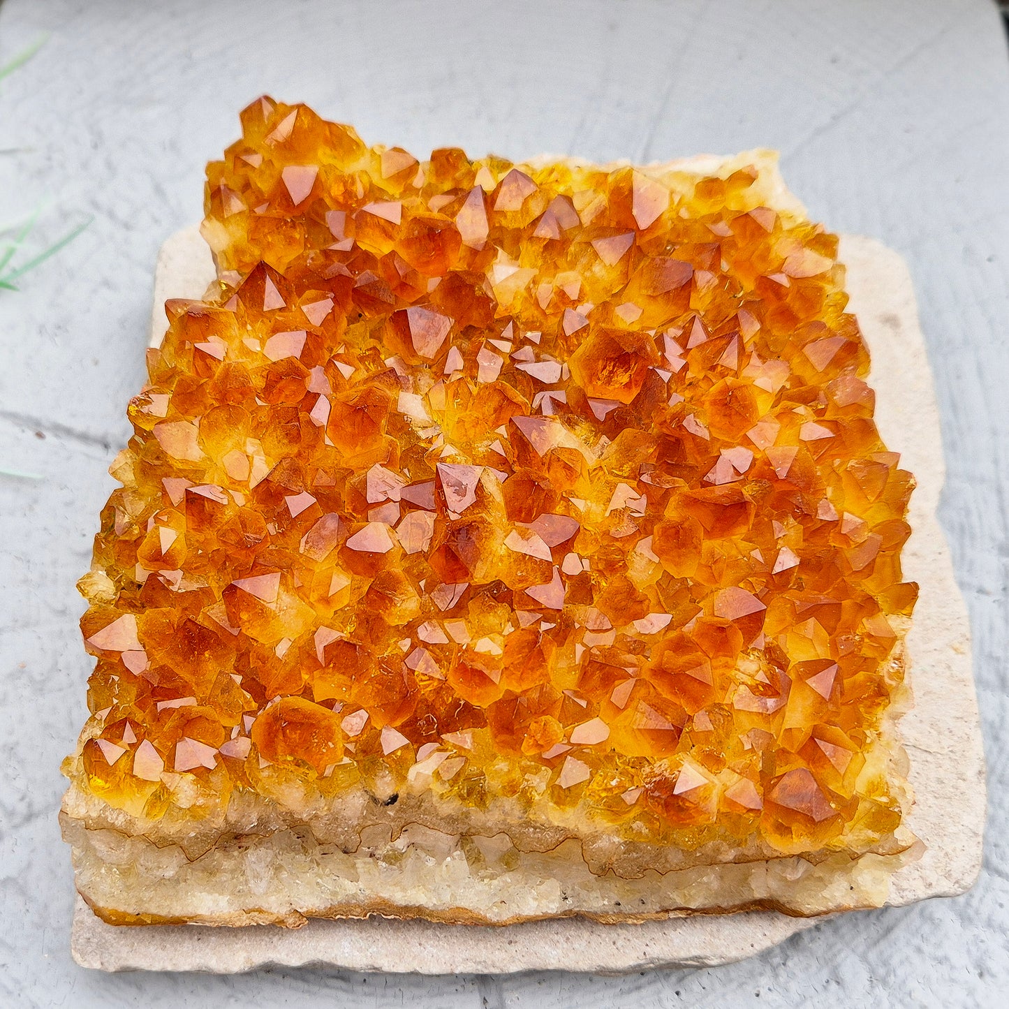 This beautiful Citrine Cluster from Brazil features mid-tone orange coloring and a flat base, perfect for use as a decorative statement piece or for energy work. Its natural formation radiates positivity and energy, making it an ideal addition to any space.