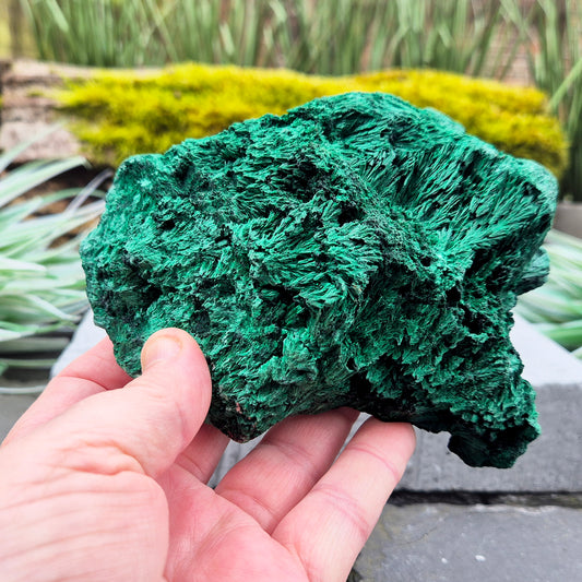 Natural Malachite – rich green hues with a stunning fibrous texture. Promotes transformation, protection, and heart chakra healing. 