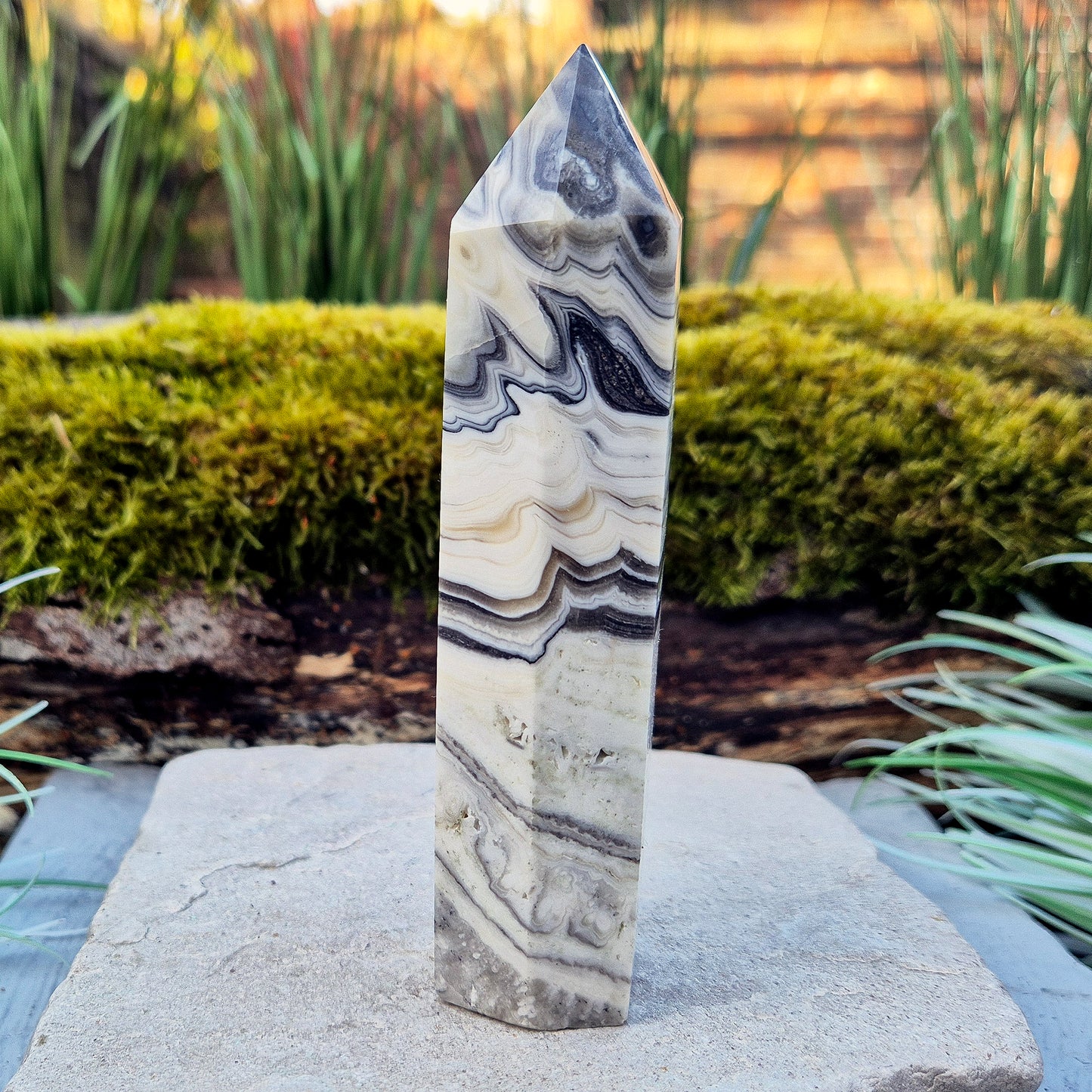 Zebra Calcite Crystal Point from Mexico, also sometimes called Phantom Calcite. This crystal typically forms of orange calcite combined with striped black and white calcite. This point has a 6 sided generator tip.