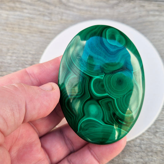 This stunning AA Grade Malachite palm stone features a rich blend of deep green hues and intricate banded patterns, polished for a comfortable feel in your hand. 