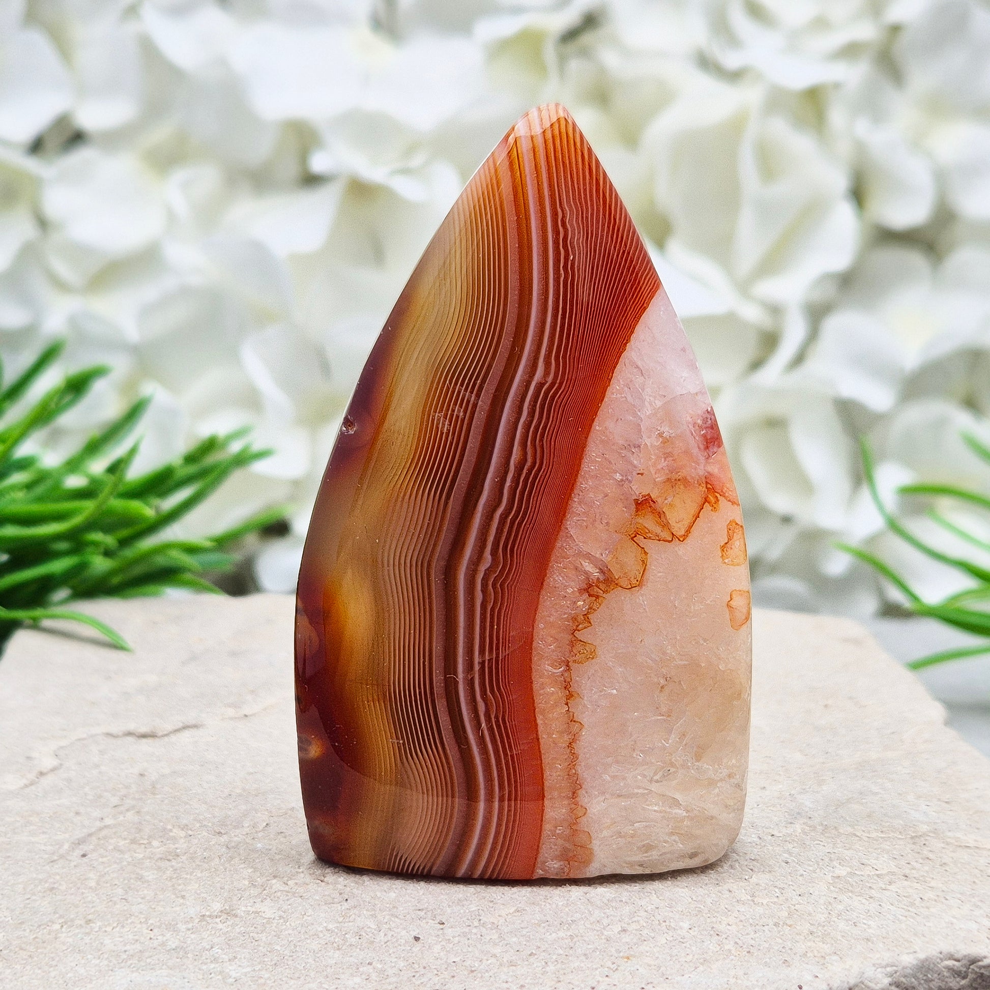 Red Banded Agate Flame with Quartz. This beautiful polished, flame-shaped crystal features bands of red and orange agate alongside quartz.
