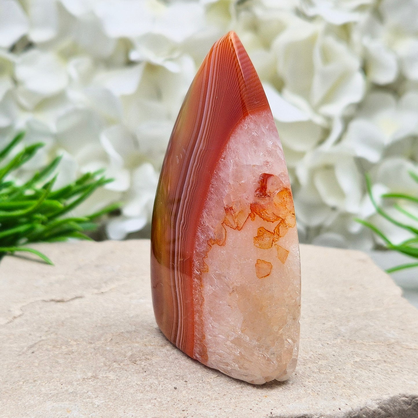 Red Banded Agate Flame with Quartz. This beautiful polished, flame-shaped crystal features bands of red and orange agate alongside quartz.