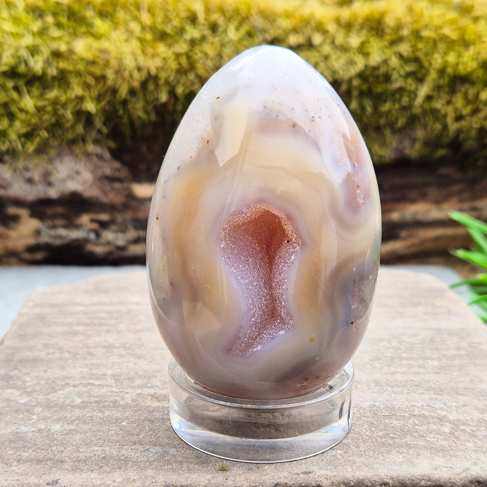 This beautiful Druzy Agate egg from Brazil is polished and showcases a sparkling pocket of natural druzy crystals in the middle of it. It comes with a clear acrylic stand, making it a lovely addition to any space or crystal shelf. Its soft, steady energy brings emotional calm, grounding, and quiet strength.