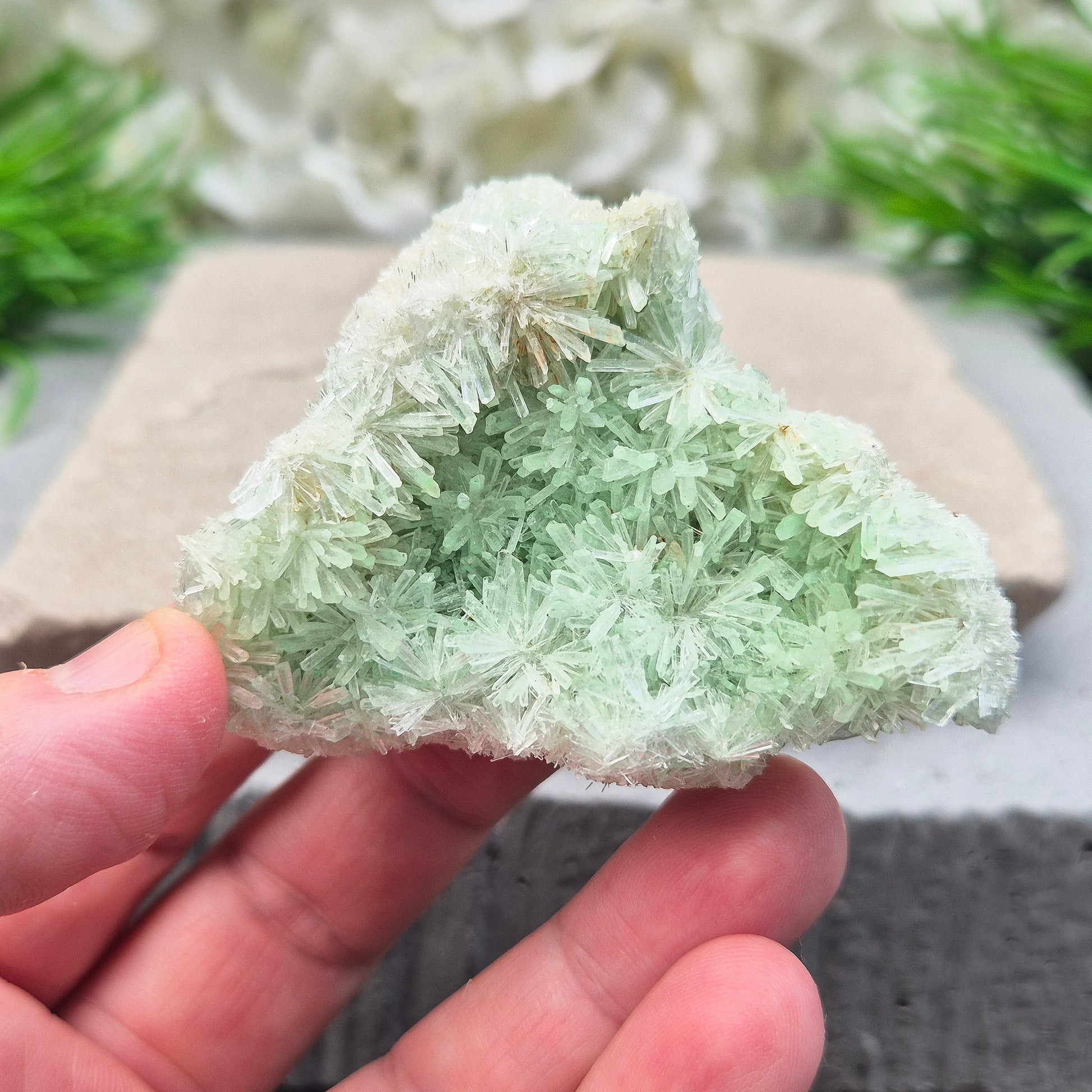 Rare Green Gypsum clusters from Southern Australia. Gentle energy for emotional healing, calm, and kindness. Perfect for meditation and quiet moments.