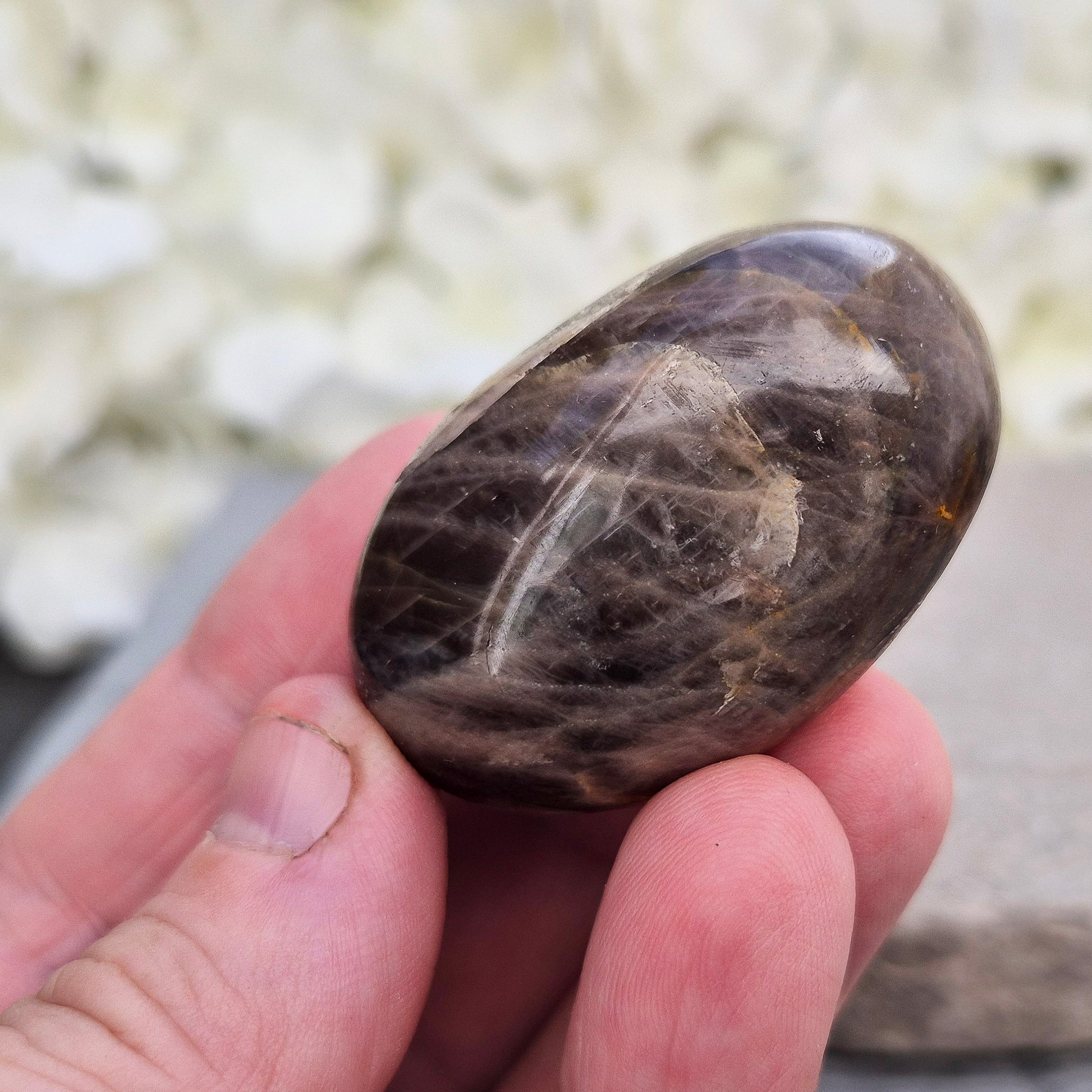 Black Moonstone Crystal Palm Stone. This polished Black Moonstone palm stone from Madagascar features deep shades of gray, black, and brown with subtle flashes of silver, peach, or white. Its smooth surface fits comfortably in your hand, offering a grounding and calming presence.