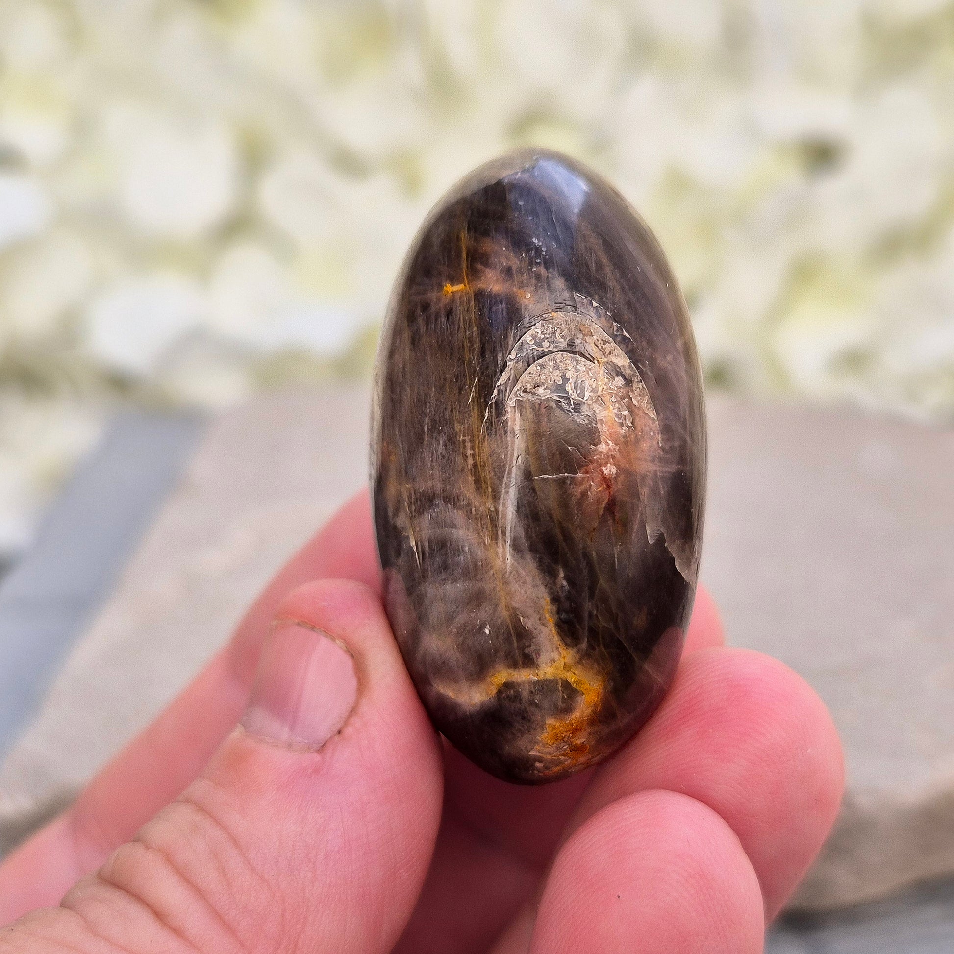 Black Moonstone Crystal Palm Stone. This polished Black Moonstone palm stone from Madagascar features deep shades of gray, black, and brown with subtle flashes of silver, peach, or white. Its smooth surface fits comfortably in your hand, offering a grounding and calming presence.