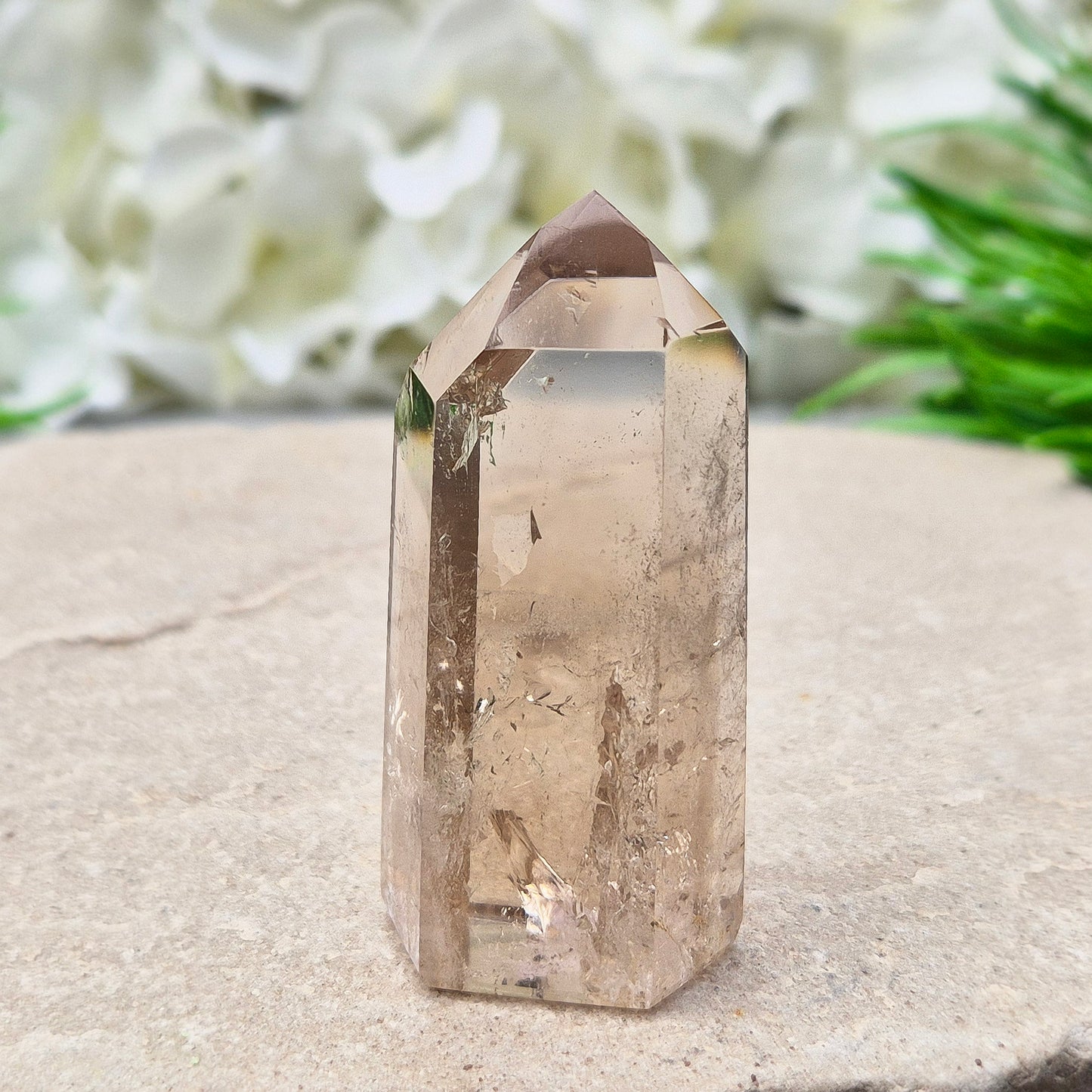 This polished Smoky Quartz point from Brazil features a light brown tone with subtle, light-reflecting inclusions. It’s not heat-treated — this is genuine, naturally formed Smoky Quartz. 
