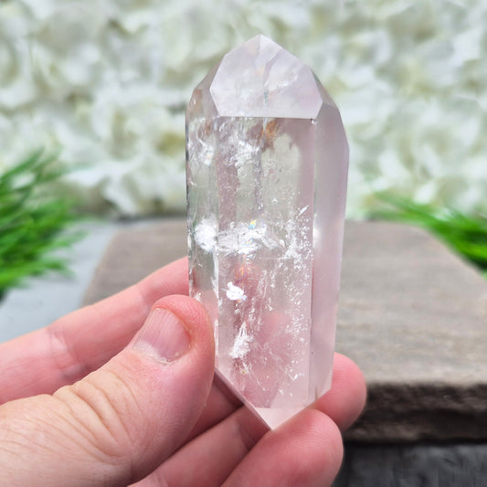 Quartz Crystal Double Terminated Wand, has a rainbow within it bringing a joyous nurturing vibration to an already great healing tool. Two sides are frosted.
