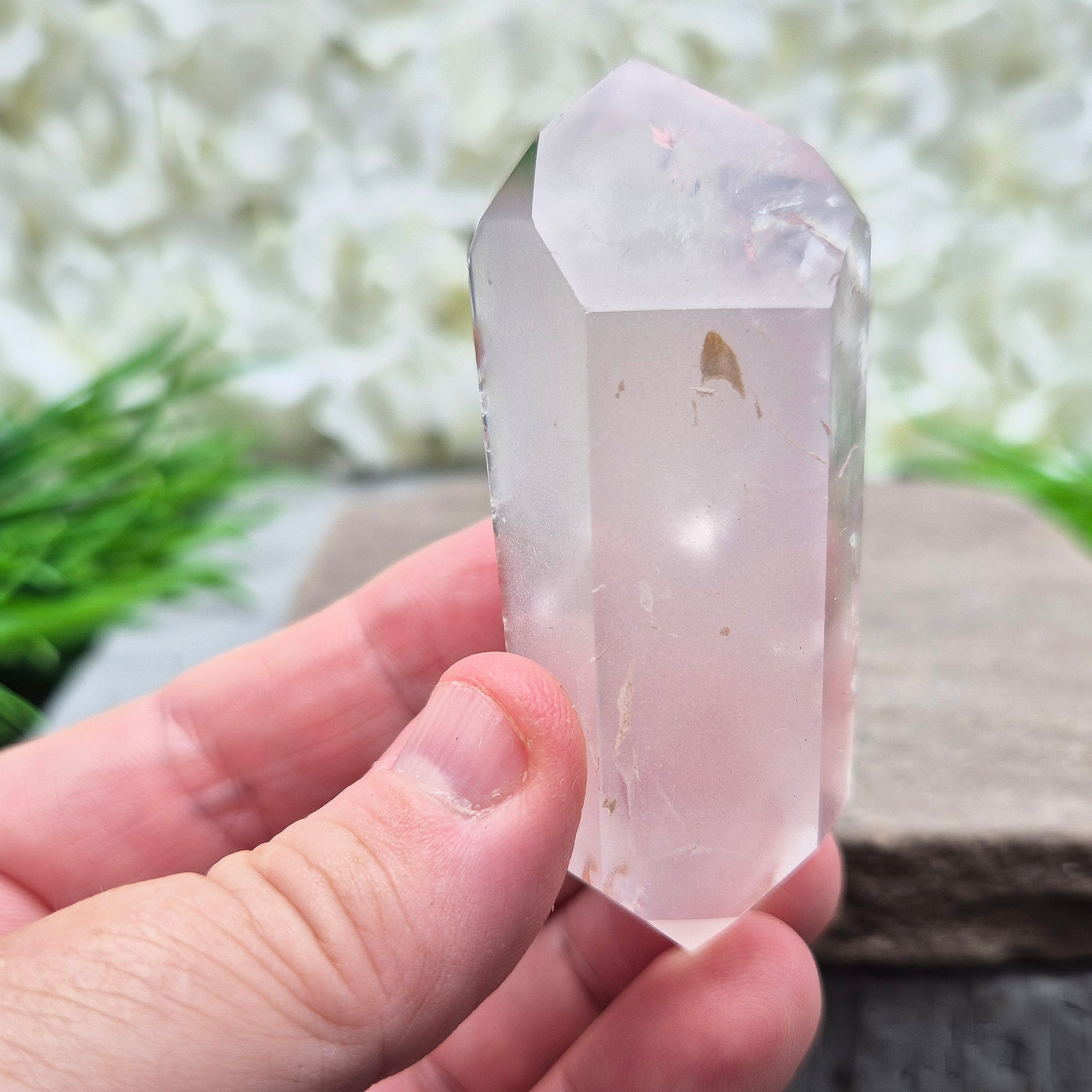 Quartz Crystal Double Terminated Wand, has a rainbow within it bringing a joyous nurturing vibration to an already great healing tool. Two sides are frosted.