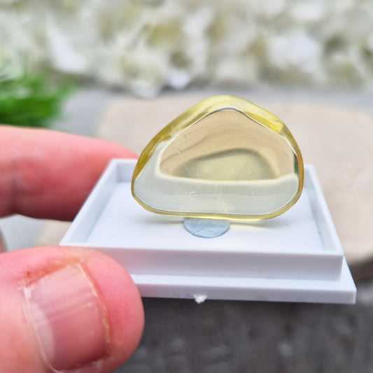 A rarer form of quartz with a distinctive olive-green tone, this Ouro Verde Quartz comes ready to display in a clear sample box (which can be removed if you prefer to carry or grid with it). 