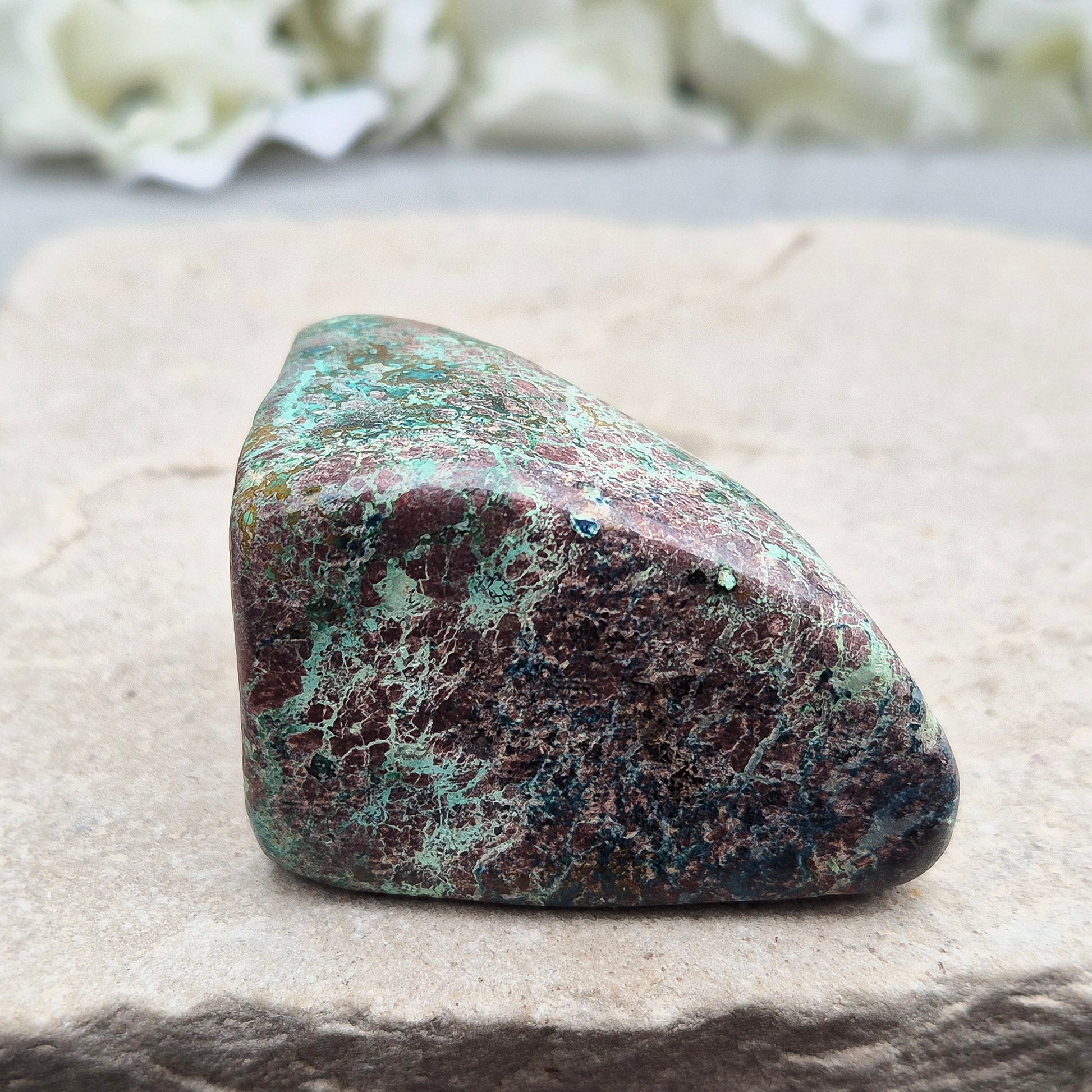 Shattuckite in Chrysocolla & Cuprite Matrix (Polished). A blend of earthy red and turquoise green and blue, this stone carries the energetic depth of copper-rich minerals working in harmony.