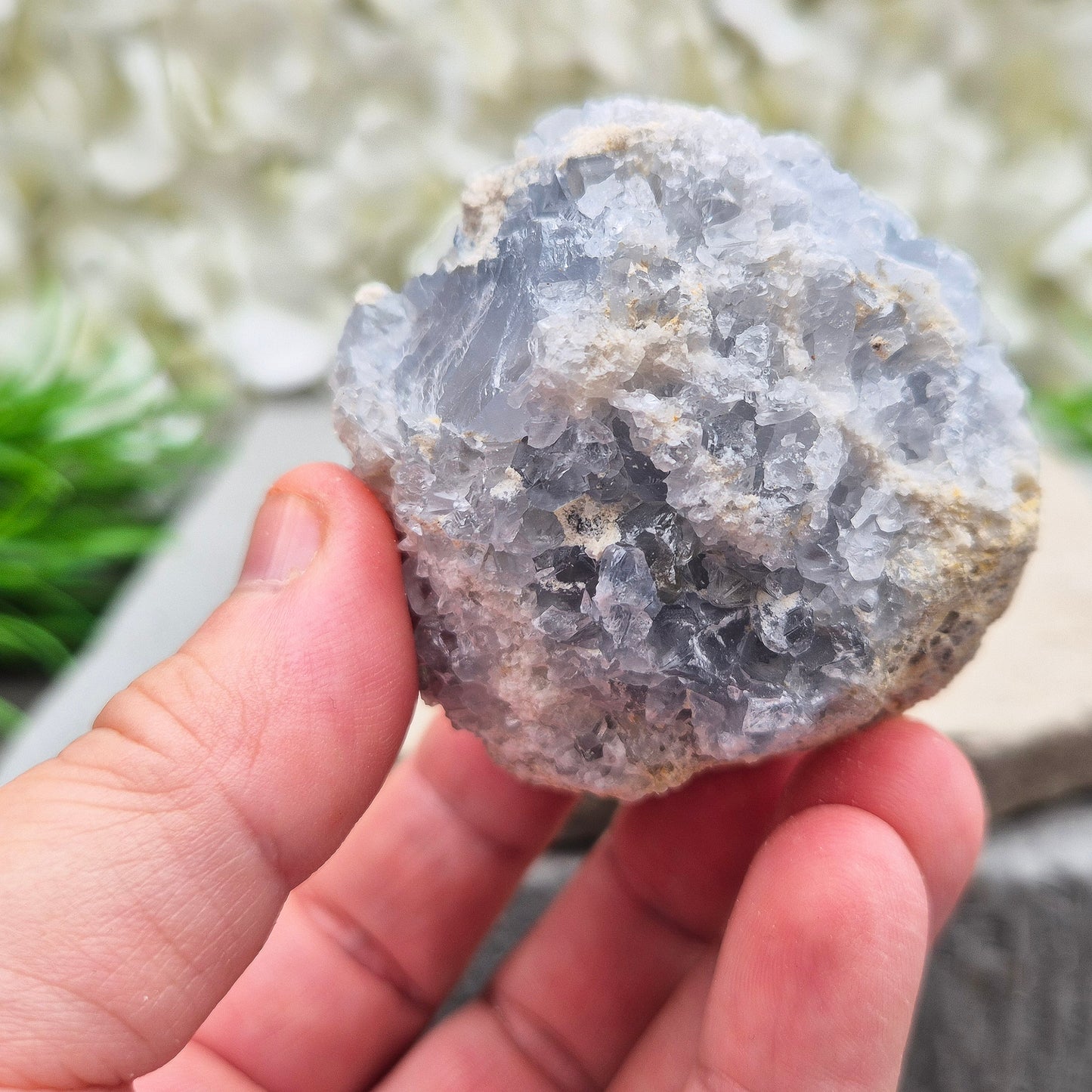 Celestite Crystal Cluster from Madagascar. This beautiful cluster features sparkling sky-blue crystals on a natural matrix. 