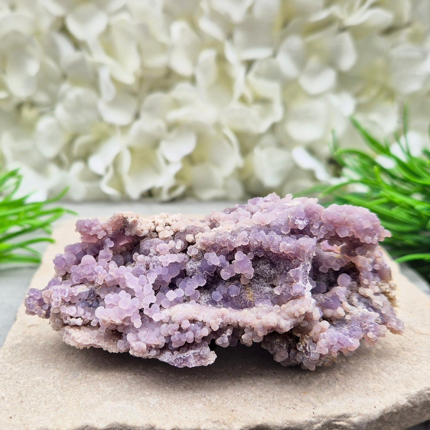 This beautiful Grape Agate cluster (also known as Purple Chalcedony or Botryoidal Purple Chalcedony) comes from Indonesia. Its natural ‘grape-like’ formations are made up of tiny rounded crystals that have grown closely together. 