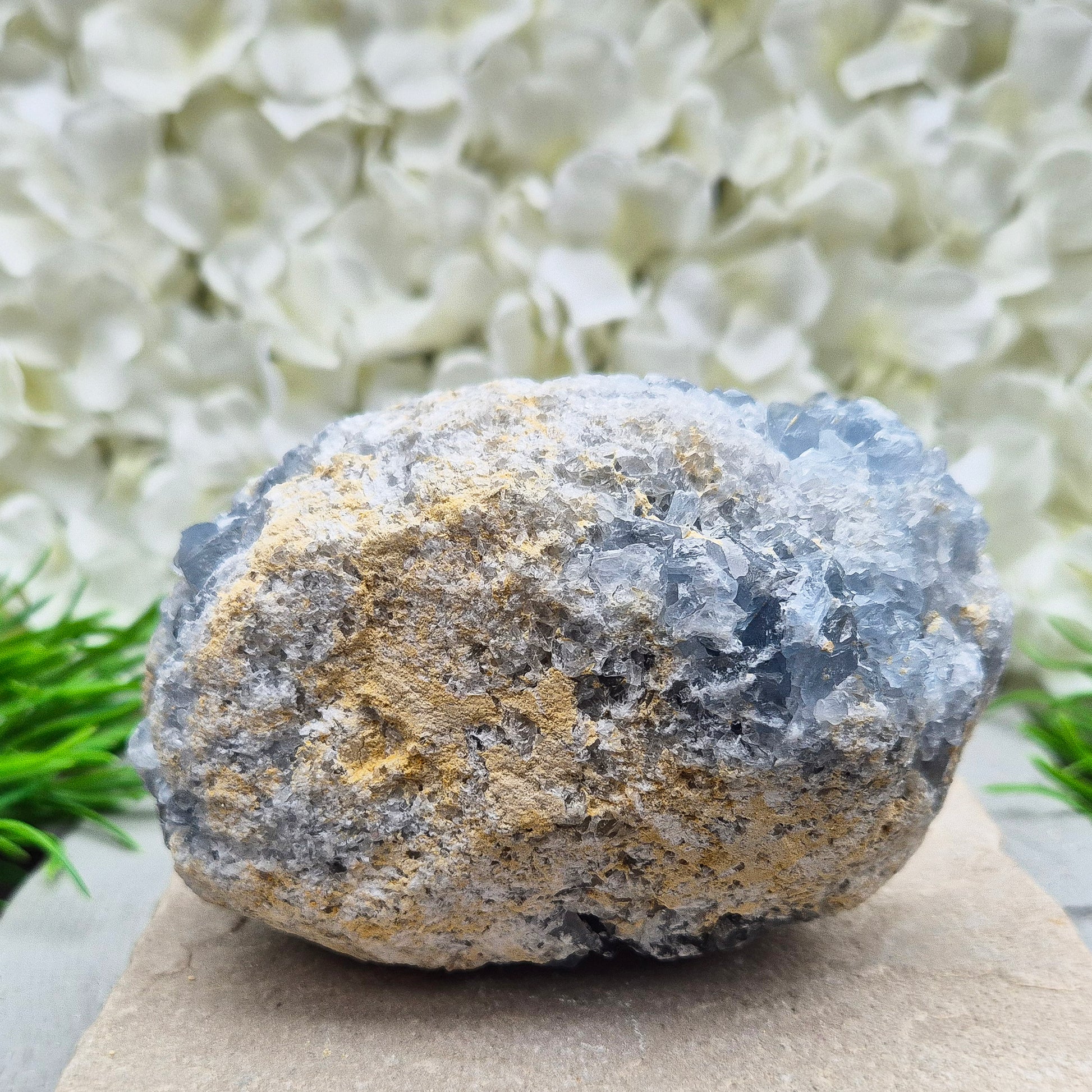 Celestite Crystal Cluster from Madagascar. This beautiful cluster shows sparkling sky-blue crystals on a natural matrix. The base is softly rounded but still sits well on a flat surface.