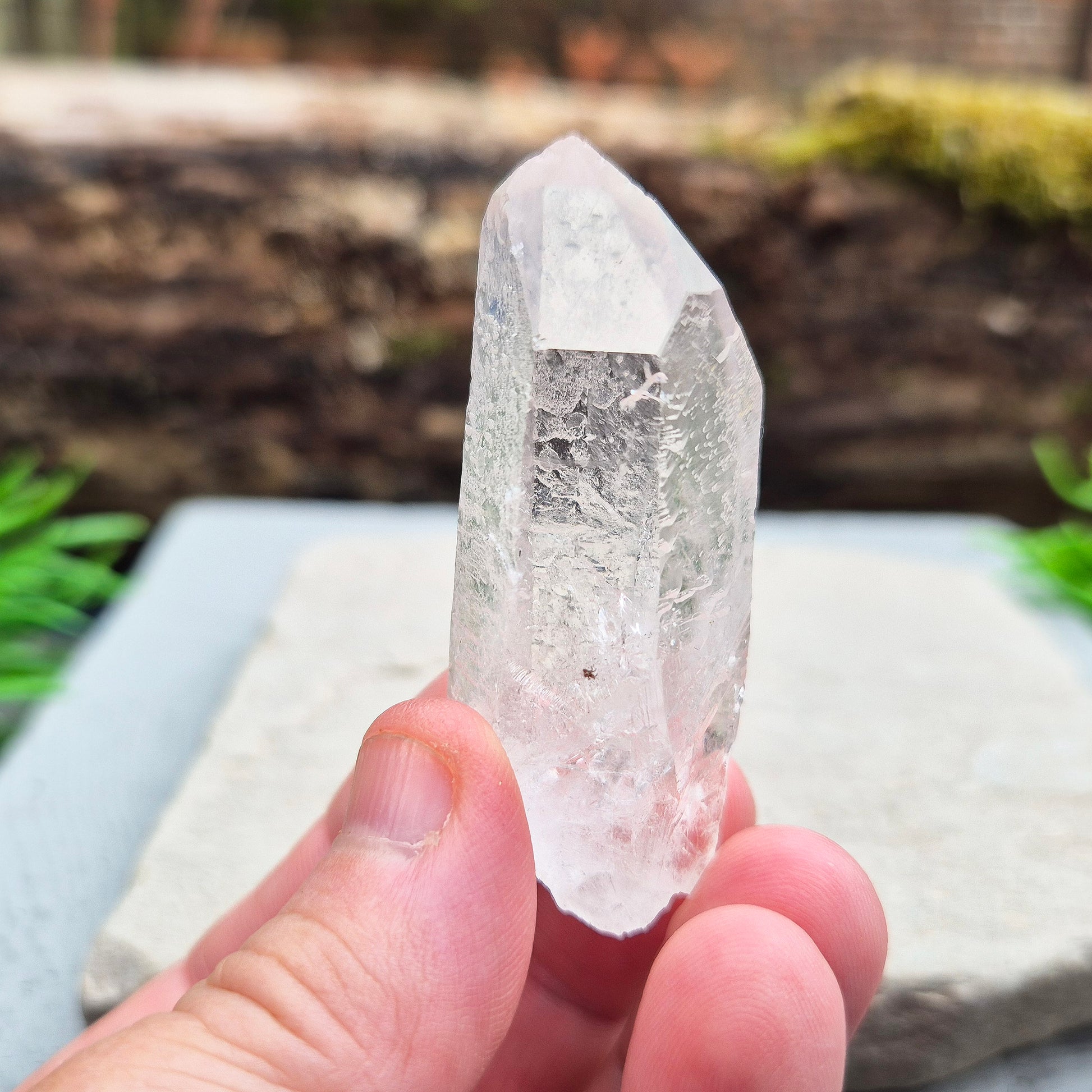 This natural quartz point has lovely clarity with Starbrary markings on at least two sides. These etched shapes — triangles, lines, and patterns — look like ancient writing and are thought to carry cosmic knowledge. 
