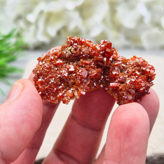 Vanadinite (Vanadite) on Baryte Crystal Cluster. This sparkling cluster from Morocco features fiery red-orange Vanadinite crystals naturally formed on a pale golden Baryte base. 