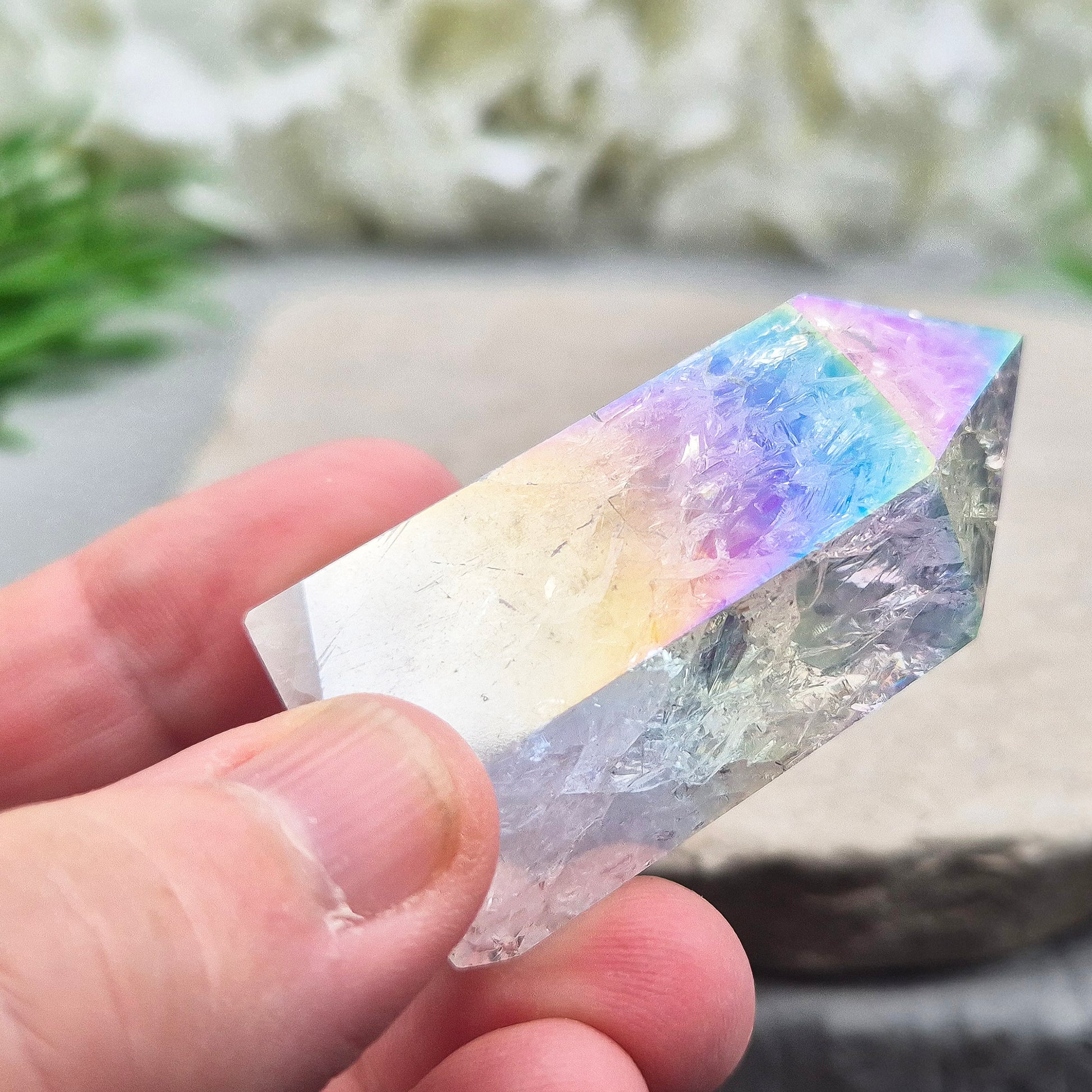 Aura Fire and Ice Quartz Polished Standing Point. Formed through the rapid heating and cooling of Quartz to create internal fracturing, then bonded with Silver and Platinum to become Angel Aura Fire and Ice, this piece radiates pure, high-frequency energy. 