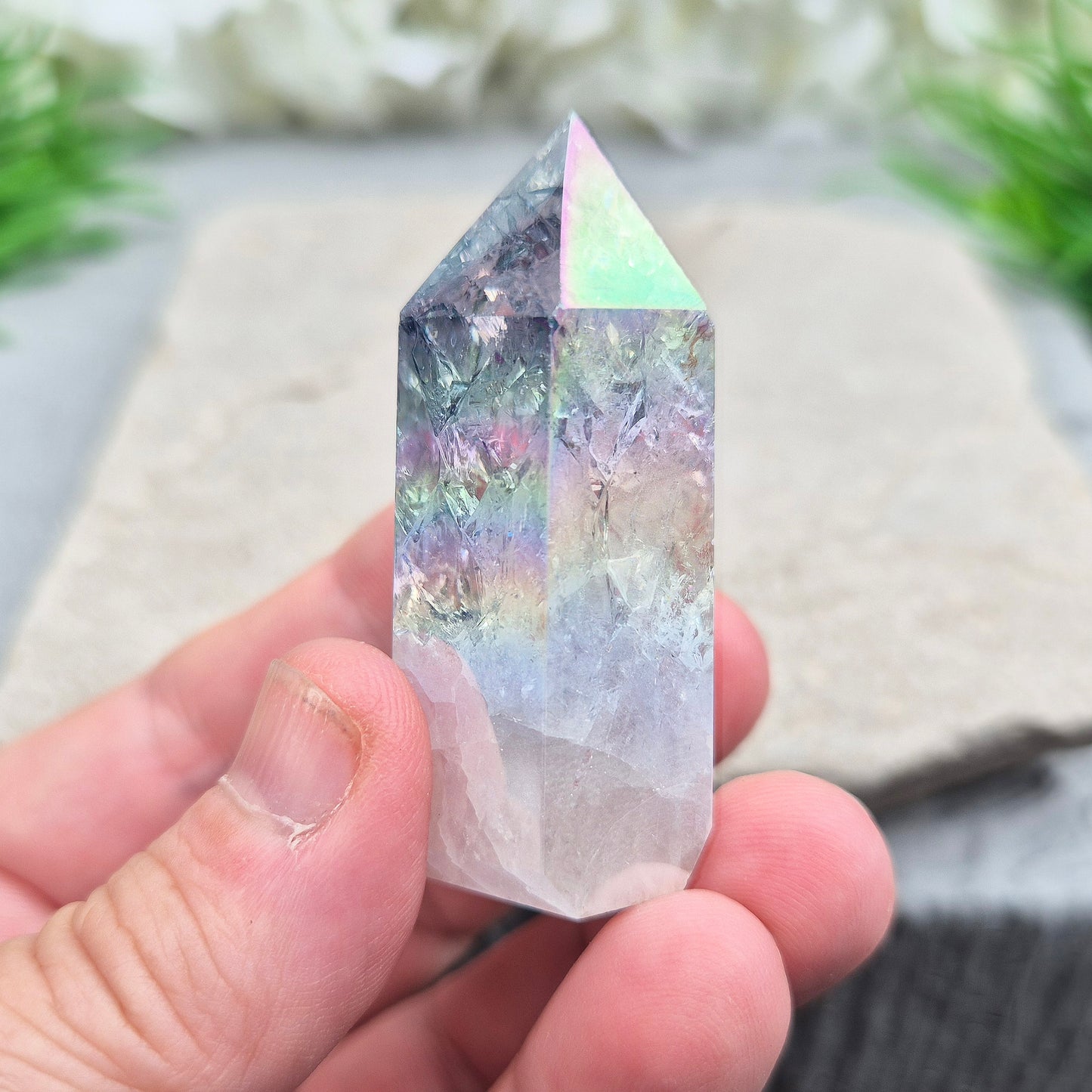 Aura Fire and Ice Quartz Polished Standing Point. Formed through the rapid heating and cooling of Quartz to create internal fracturing, then bonded with Silver and Platinum to become Angel Aura Fire and Ice, this piece radiates pure, high-frequency energy. 