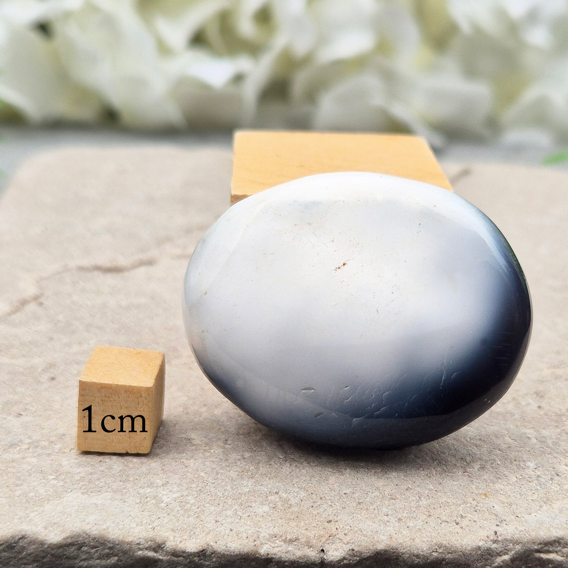 Orca Agate Crystal Pebble. This beautiful Orca Agate crystal, also known as Grey Agate, comes from Madagascar and is named after the Orca whale. It has striking dark grey and white patterning and colouring. 