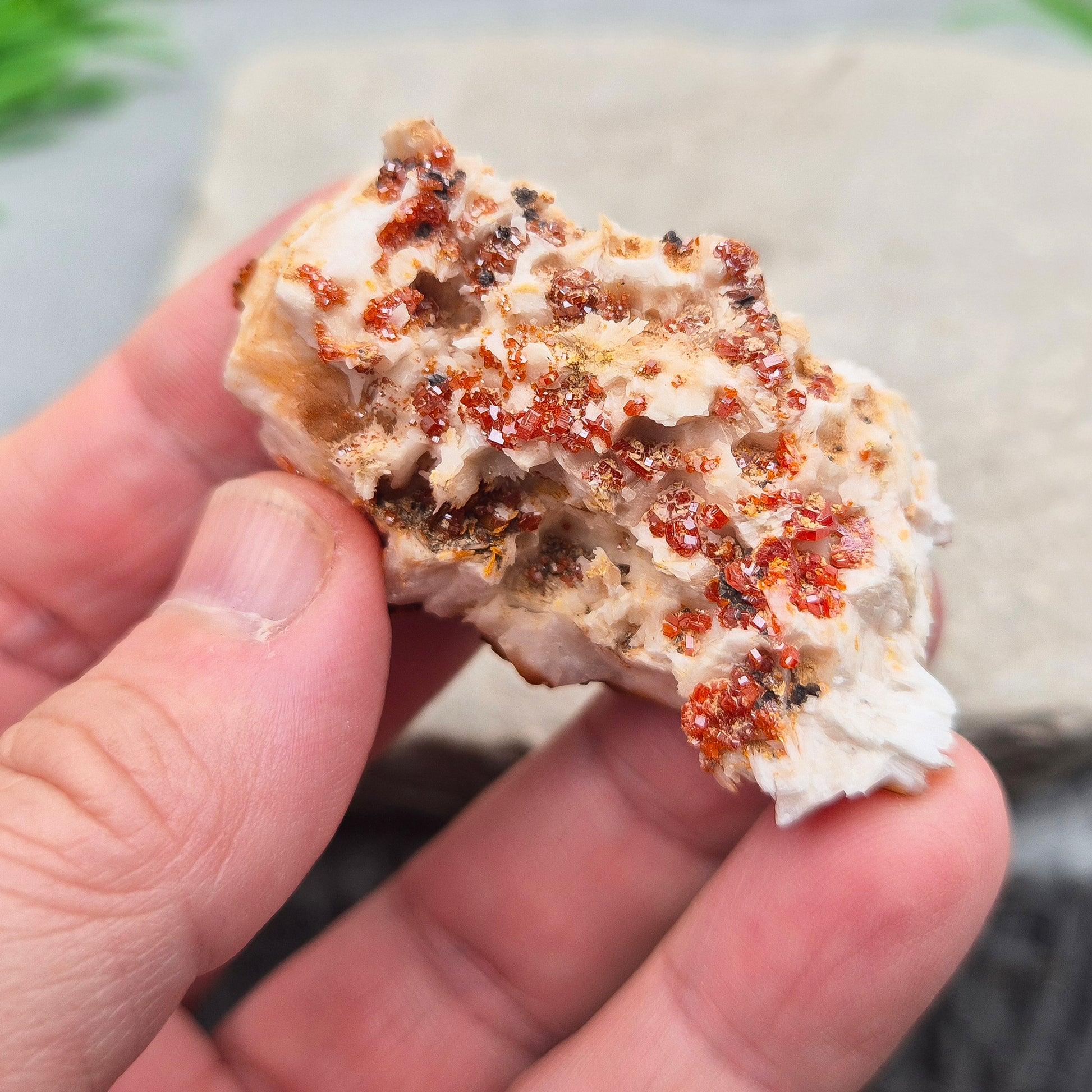 Vanadinite (Vanadite) Crystal Cluster. This vibrant Vanadinite crystal cluster from Morocco sparkles with fiery red-orange crystals naturally formed on their base matrix. 