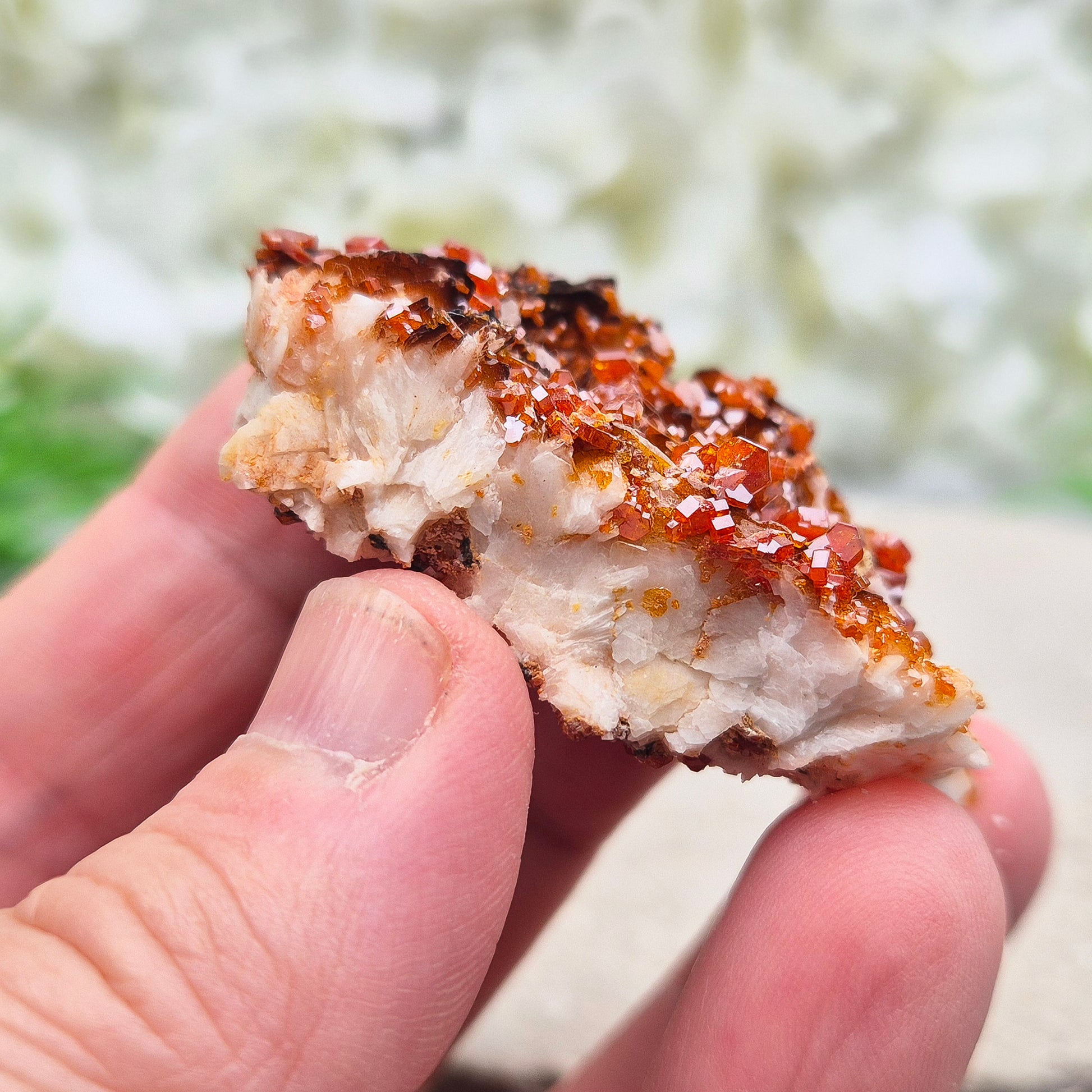 Vanadinite (Vanadite) Crystal Cluster. This vibrant Vanadinite crystal cluster from Morocco sparkles with fiery red-orange crystals naturally formed on their base matrix. 